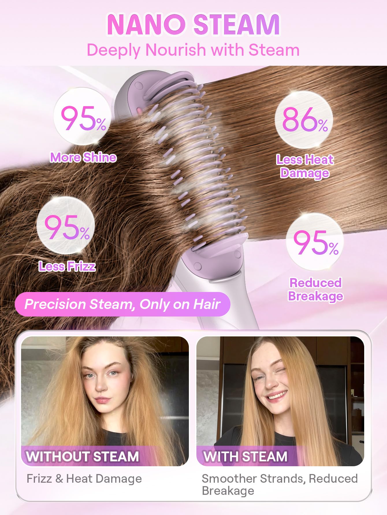 SHEGLAM Dampf-Glättbürste, 4-in-1 Heizkamm mit 3D-Kammzähnen, 3 Dampfstufen | Verbrühungssicherer Nano-Dampf, 3D-Kammzähne, 3 Dampfstufen, Schnelles Aufheizen, Verleiht Glanz, Weniger Hitzeschäden
