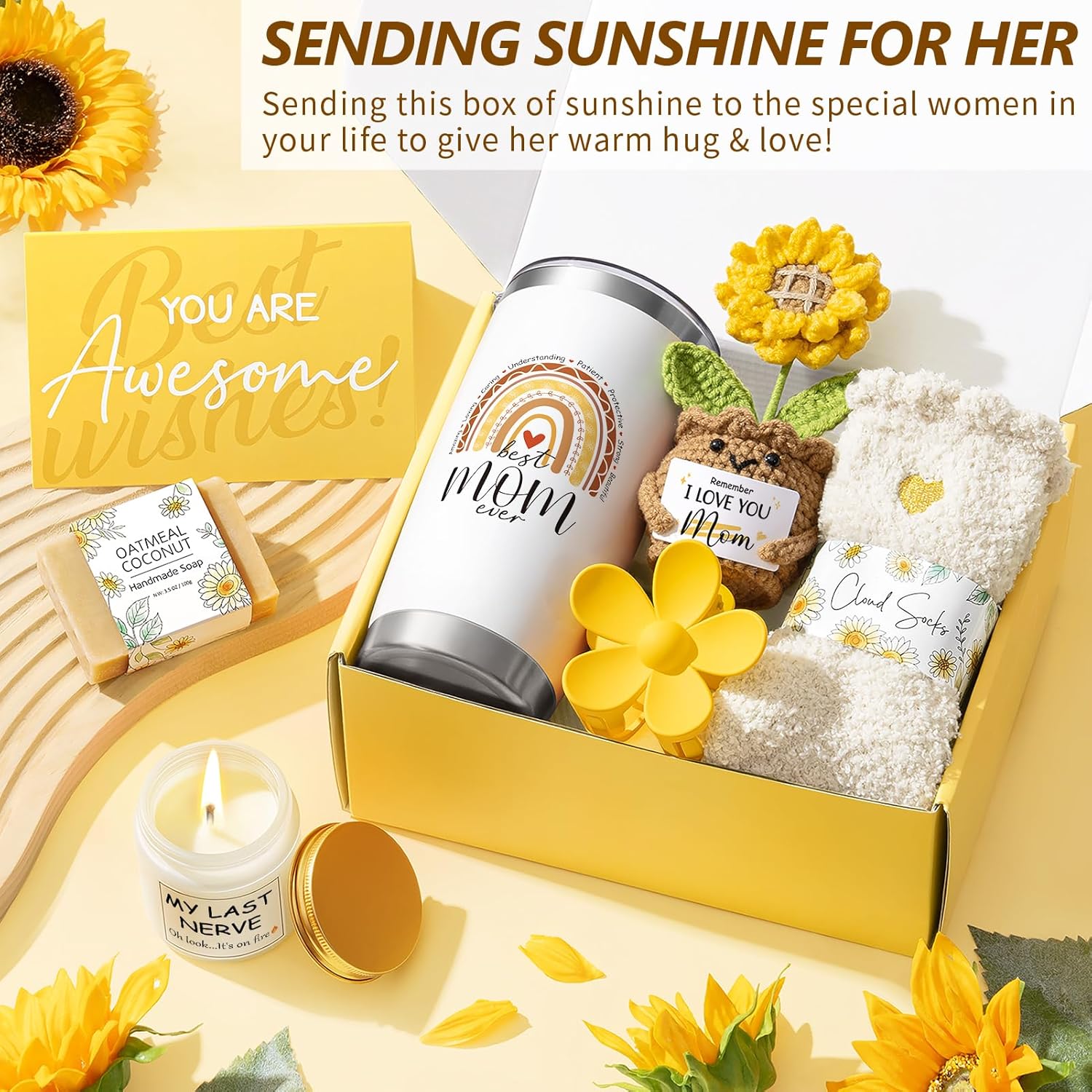 Unique Birthday Gifts for Mom from Daughter Son, Best Mom Easter Gifts Ideas for Women Mother-in-Law Mother's Day Gift Baskets for Mother, Sunflower New Mama Gift for Her Wife Women from Husband