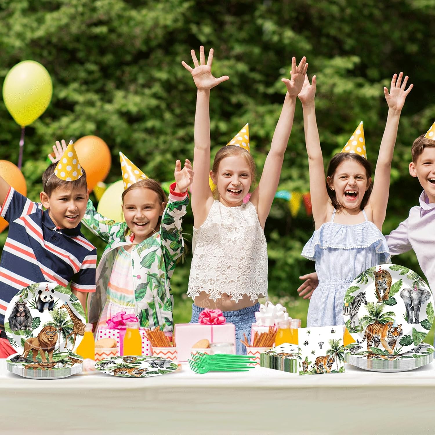 96Pcs Wild Animals Party Supplies Jungle Paper Plates Napkins Safari Theme Party Tableware Set Safari Zoo Dinnerware for Girl Birthday Party Baby Shower Decoration Serve 24 - Image 5