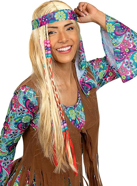 Foto 2 de 4 de Funidelia - Peluca de hippie rubia para hombre y mujer Años 60, Hippie, Flower power, Décadas