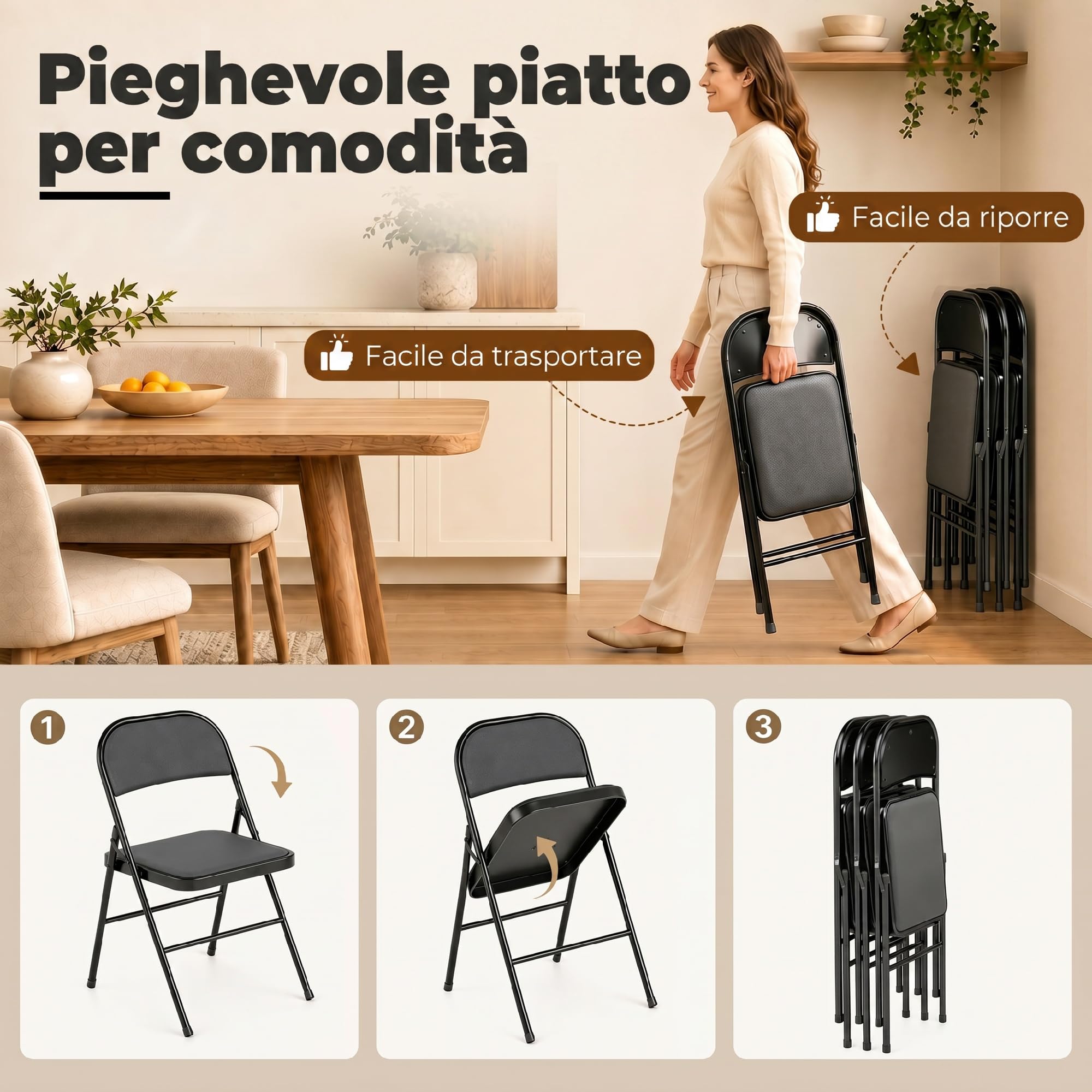 HOMCOM Set di 4 Sedie Pieghevoli Imbottite in Finta Pelle PU, Sedie Richiudibili Salvaspazio in Acciaio, Sedia Pieghevole da Interno per Casa, Ufficio, Festa ed Eventi, 45x46x78 cm, Nero
