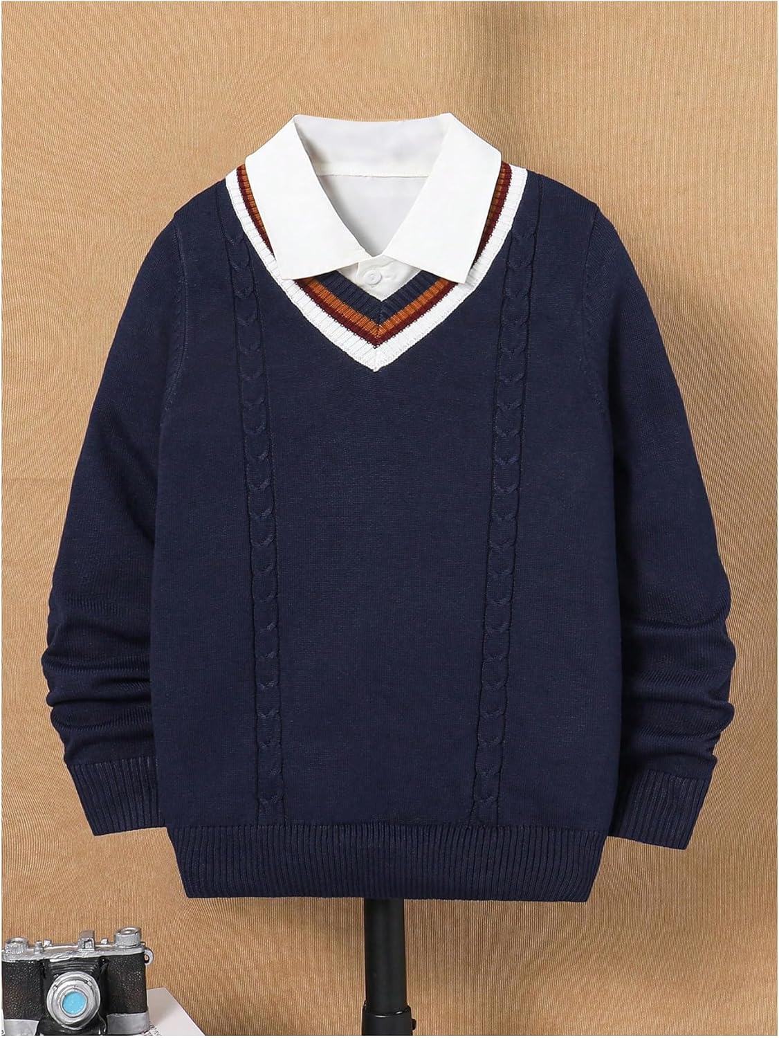 Floerns Boy's Striped V Neck Sweater Long Sleeve Cable Knit Casual Pullover Sweaters - Image 3