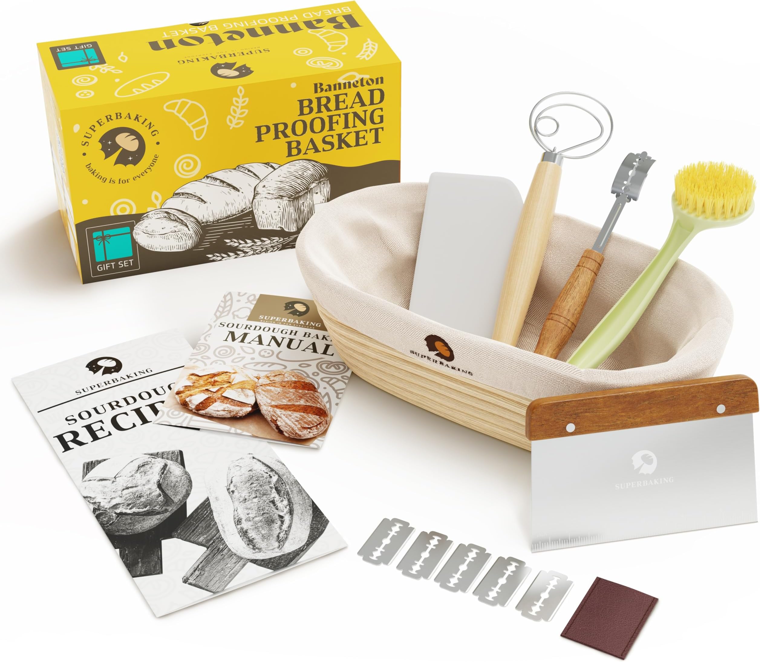 Superbaking 10" Oval Banneton Bread Proofing Basket Gift Set – Sourdough Starter Kit for Crusty Artisan Style Loaves, Includes Essential Bread Baking Supplies & Tools - Ideal Gift for Bakers