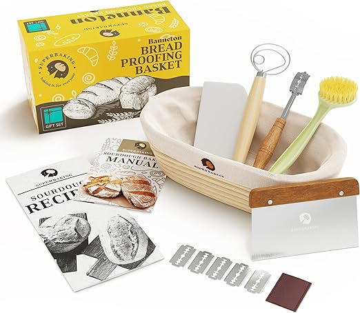 Superbaking 10" Oval Banneton Bread Proofing Basket Gift Set – Sourdough Starter Kit for Crusty Artisan Style Loaves, Includes Essential Bread Baking Supplies & Tools - Ideal Gift for Bakers