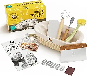 Superbaking 10" Oval Banneton Bread Proofing Basket Gift Set – Sourdough Starter Kit for Crusty Artisan Style Loaves, Includes Essential Bread Baking Supplies & Tools - Ideal Gift for Bakers