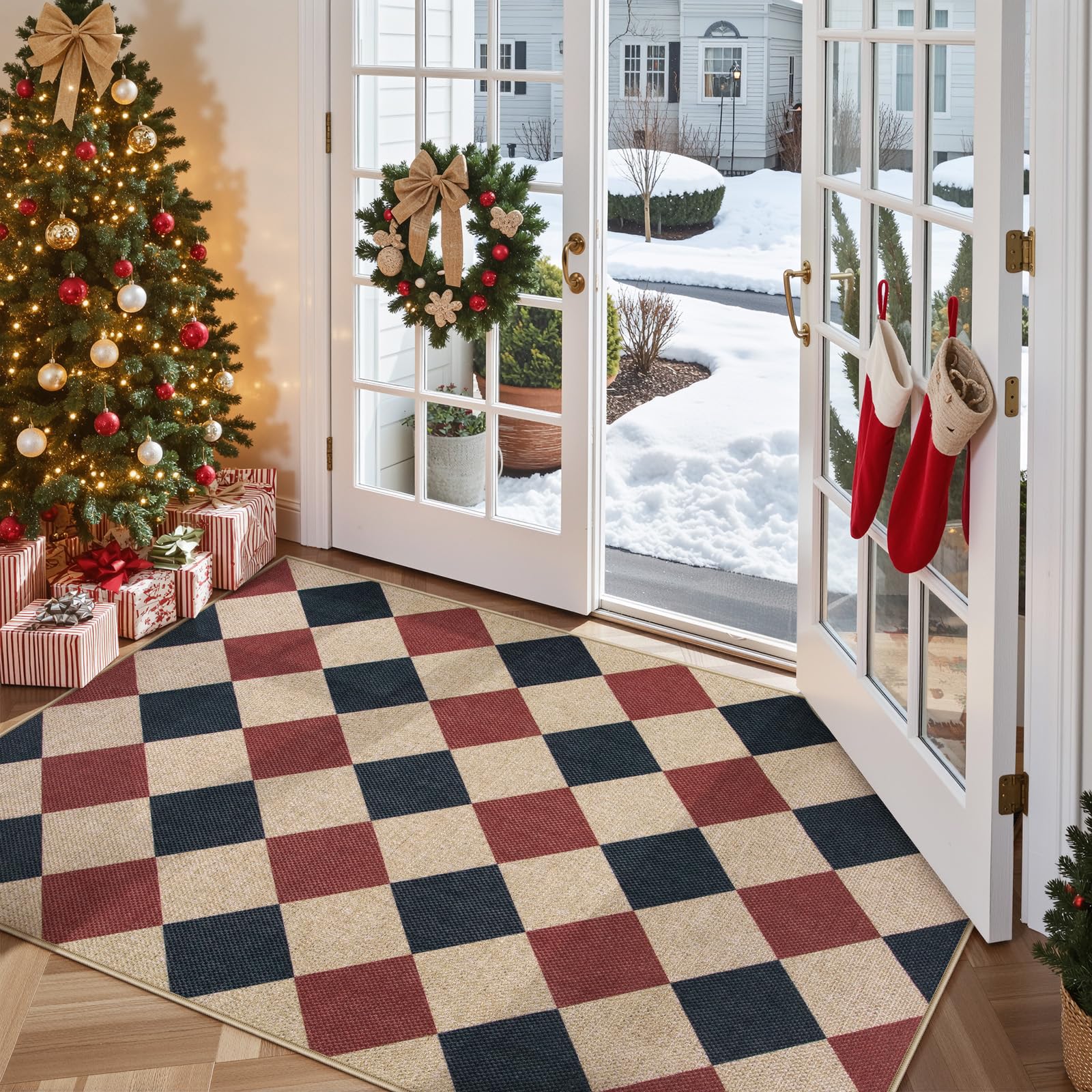 Lahome Christmas Outdoor Rug, 3x5 Outdoor Christmas Decor Rugs for Entryway Front Door Indoor Outdoor Plaid Carpet, Checkered Red and Black Non Shedding Carpet for Patio Porch 3' x 5' (Recta