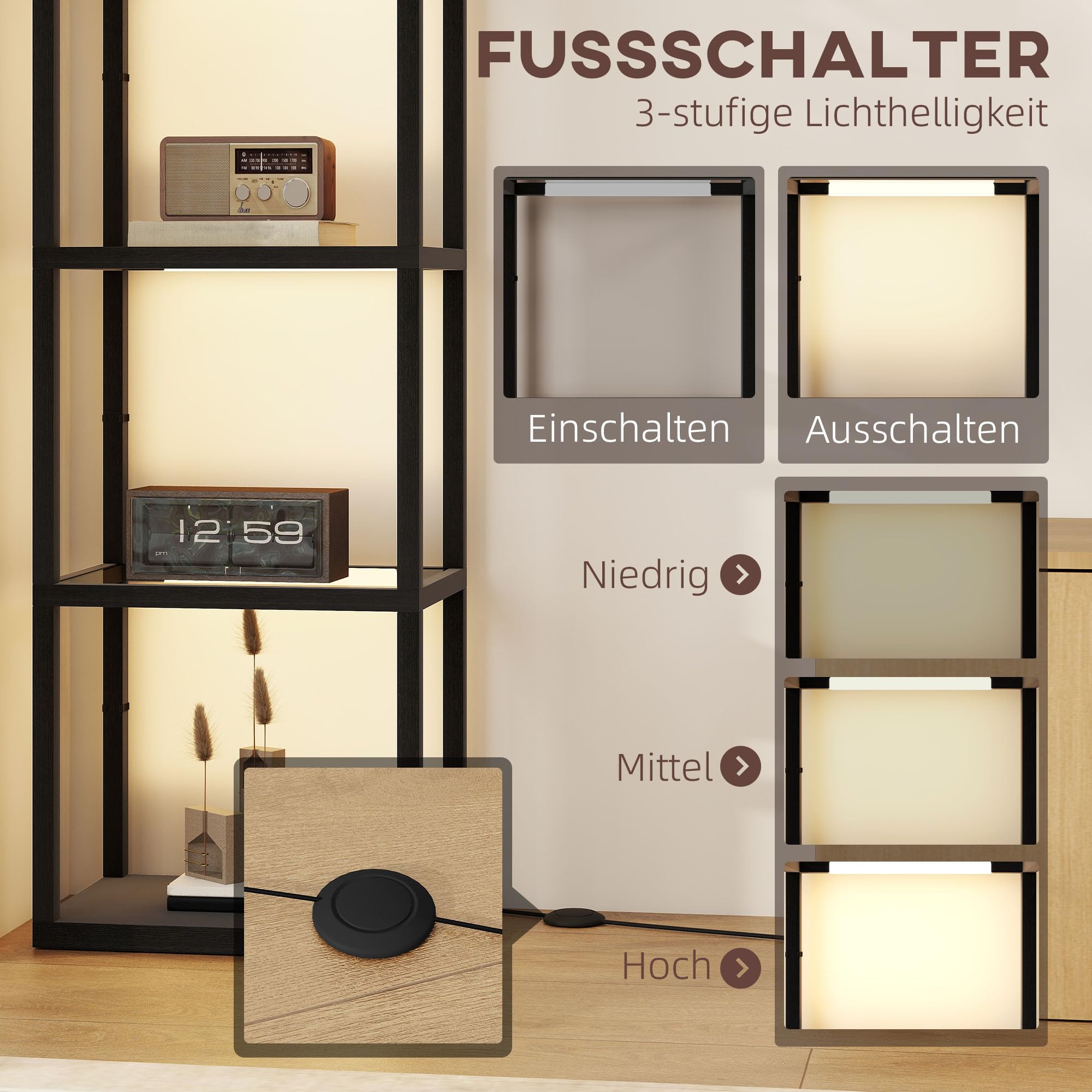 HOMCOM LED Stehlampe Wohnzimmer Dimmbar mit Glasregal 4 Ebenen Schwarz