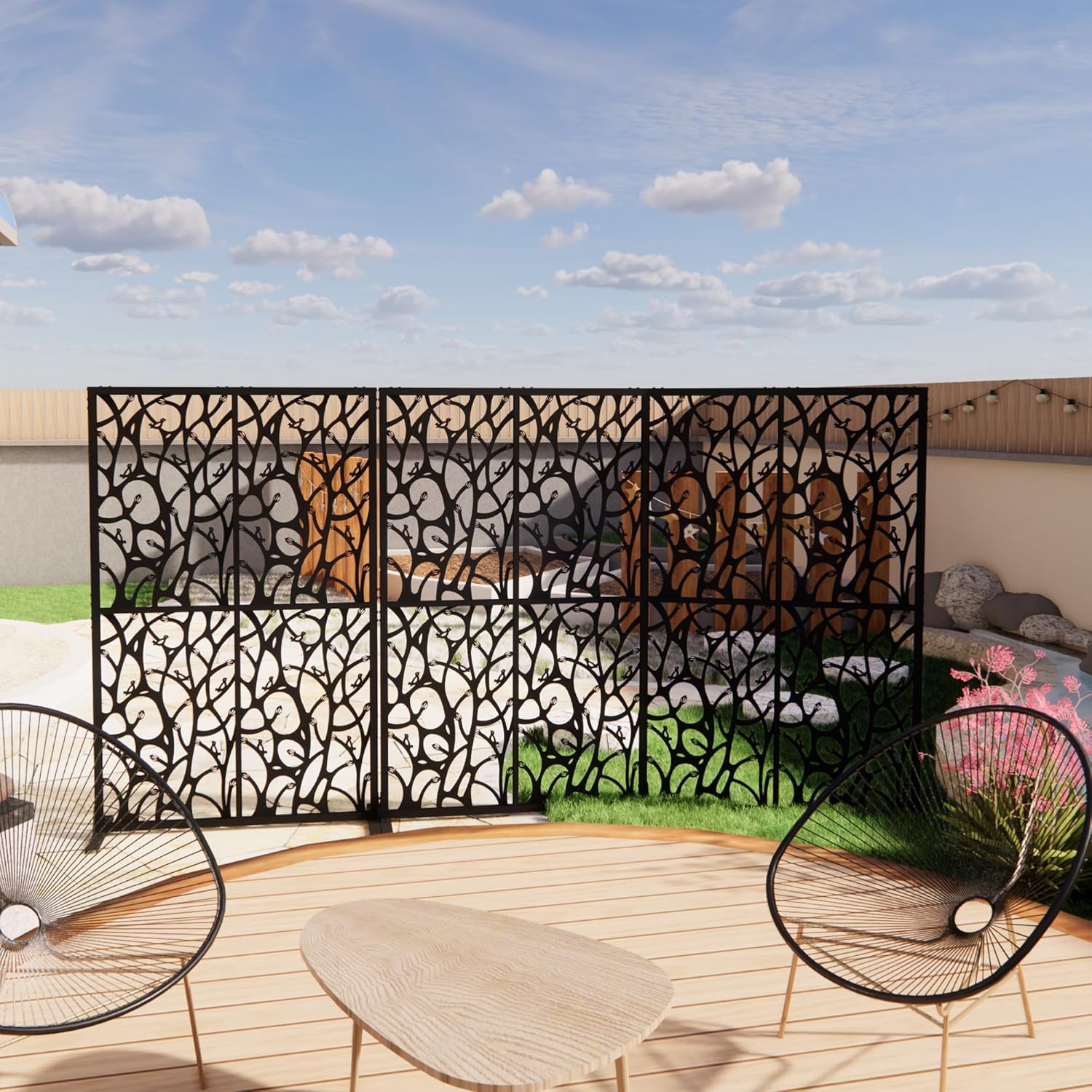 Metal Privacy Screen Outdoor W3.8Ft x H 6Ft Patio Privacy Panels Free Standing Divider Decorative for Balcony Garden Room Lawn Deck (1, Black Bird)