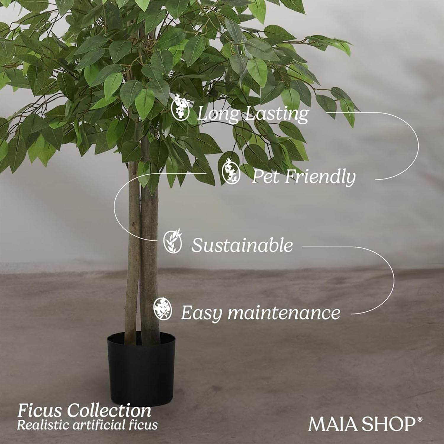 Maia Shop Artificial Tree Plant for House, Apartment or Office – Realistic Fake Indoor Plants for Living Room, Kitchen, Bedroom, Entryway, 5ft, Ficus