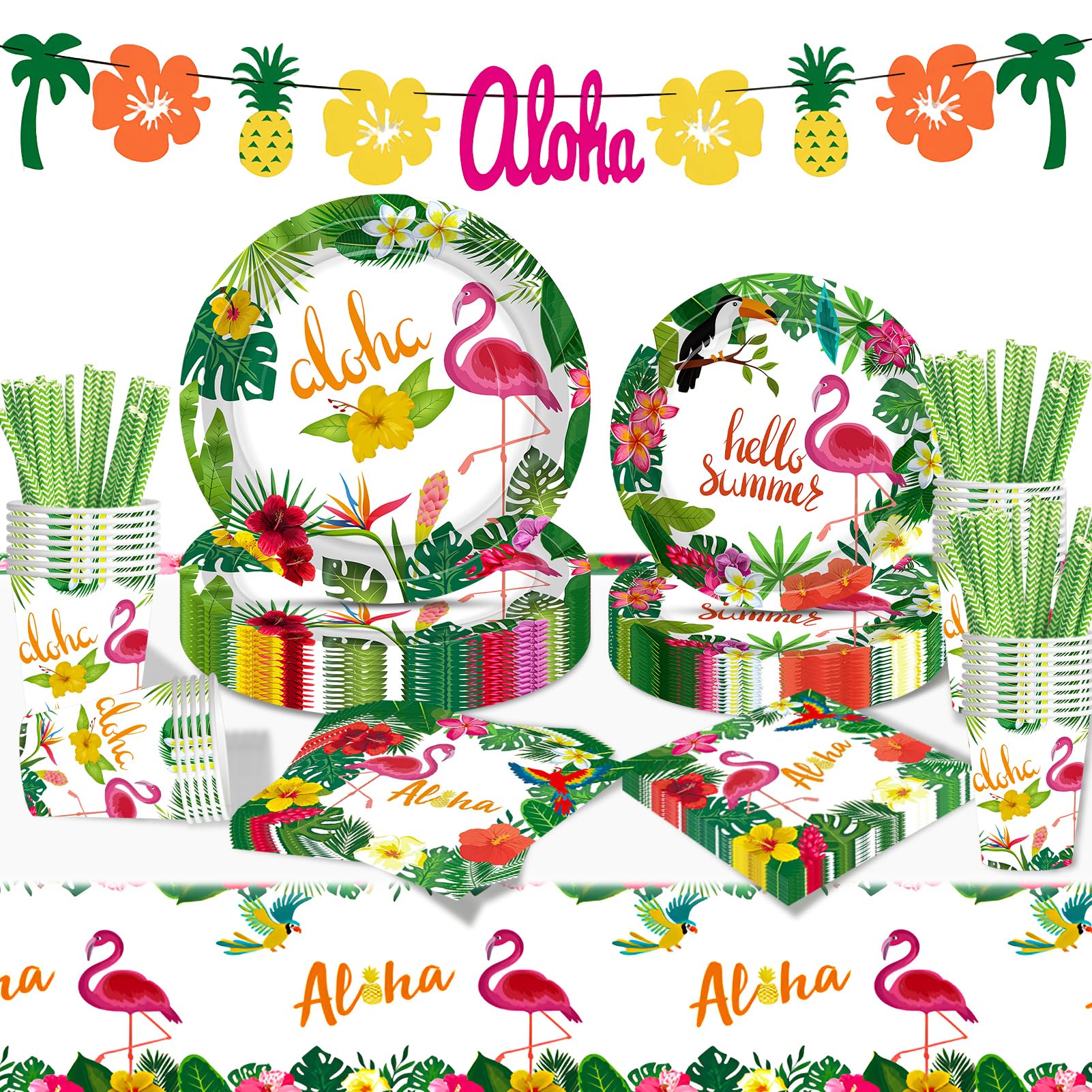 102 Pezzi Set Stoviglie per Festa Hawaiana con Piatti Carta Fenicotteri Hawaiane Bicchieri di Carta Tovaglioli Tovaglie Decorazioni per Festa Hawaiana per Party Hawaiano (Stile 1)