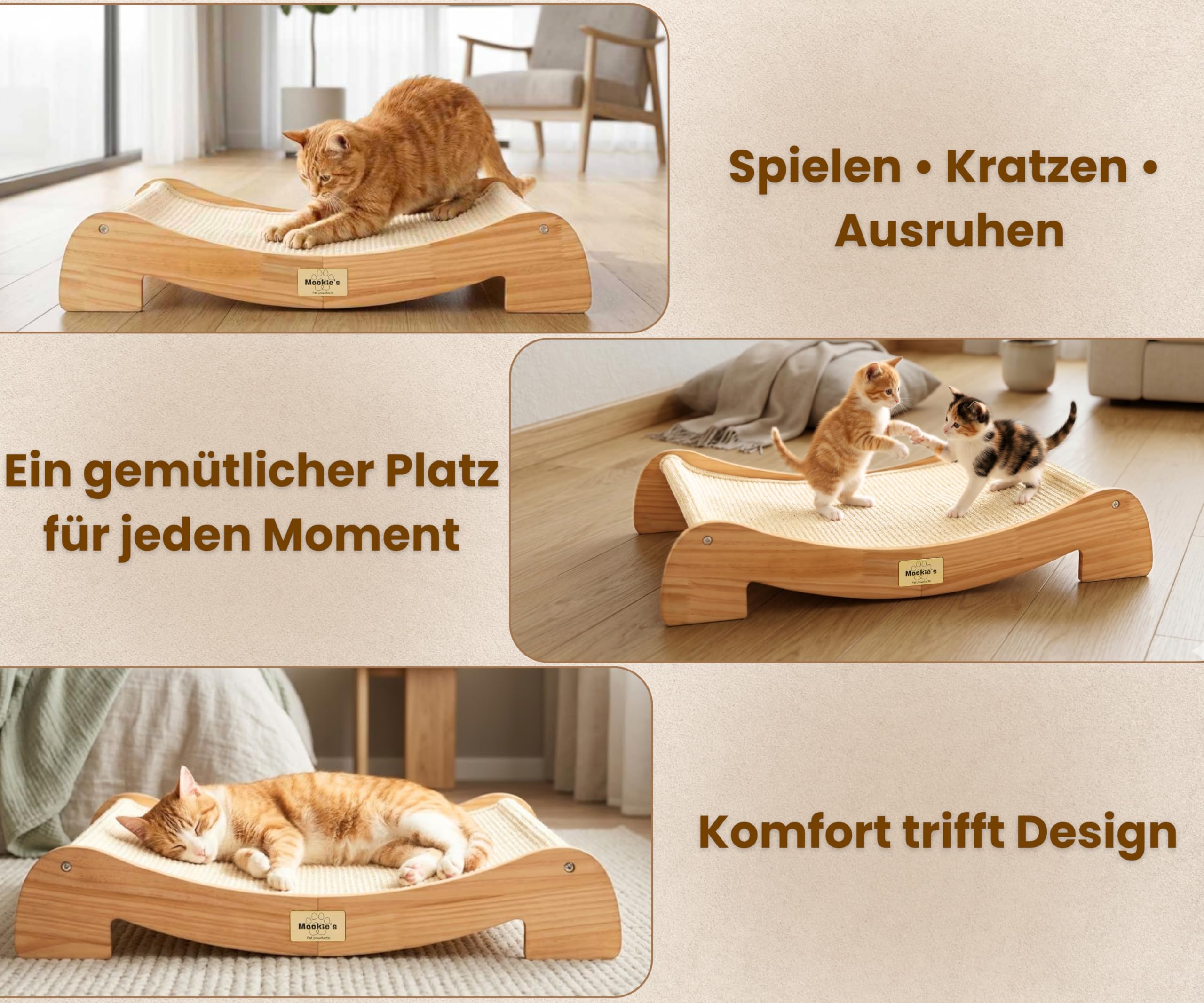 Mookie’s Kratzbrett für Katzen XL 67x42 cm – 2-in-1 Katzenliege & Kratzsofa aus Massivholz – Natursisal Kratzfläche – für Katzen jeder Größe