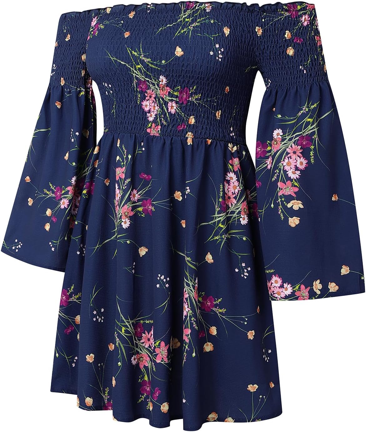 Women's Dress Summer Floral Long Sleeve Off Shoulder Casual Mini Dresses - Image 4