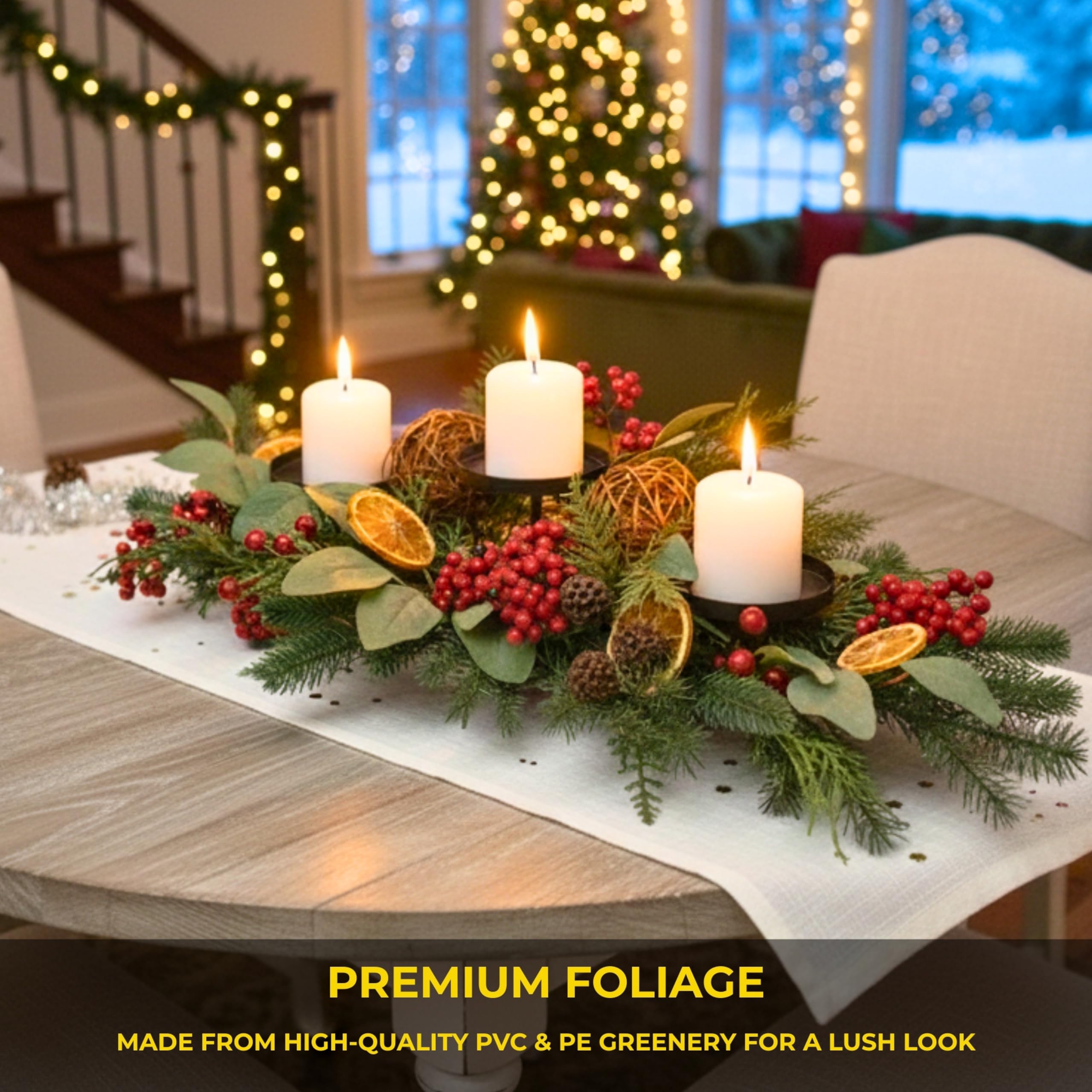 Décoration de Table de Noël avec Feuillage, Baie, Eucalyptus, tranches d'orange, Boules de rotin - Décoration Festive pour la Maison, la Salle à Manger, la cheminée - 66 cm