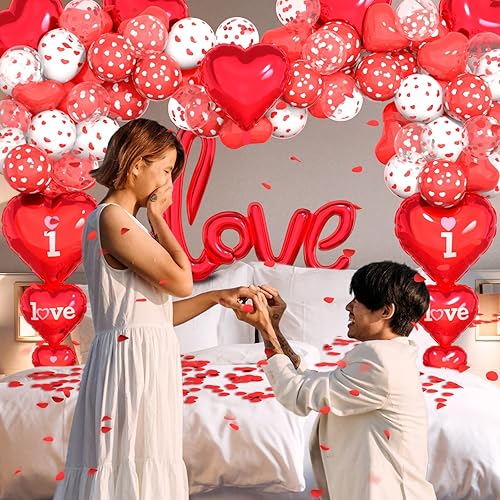 Miniatura 3 de Kit de globos para el día de San Valentín, globos con texto en inglés "I Love You", globos de corazón blanco y rojo, pétalos de rosa para el día de