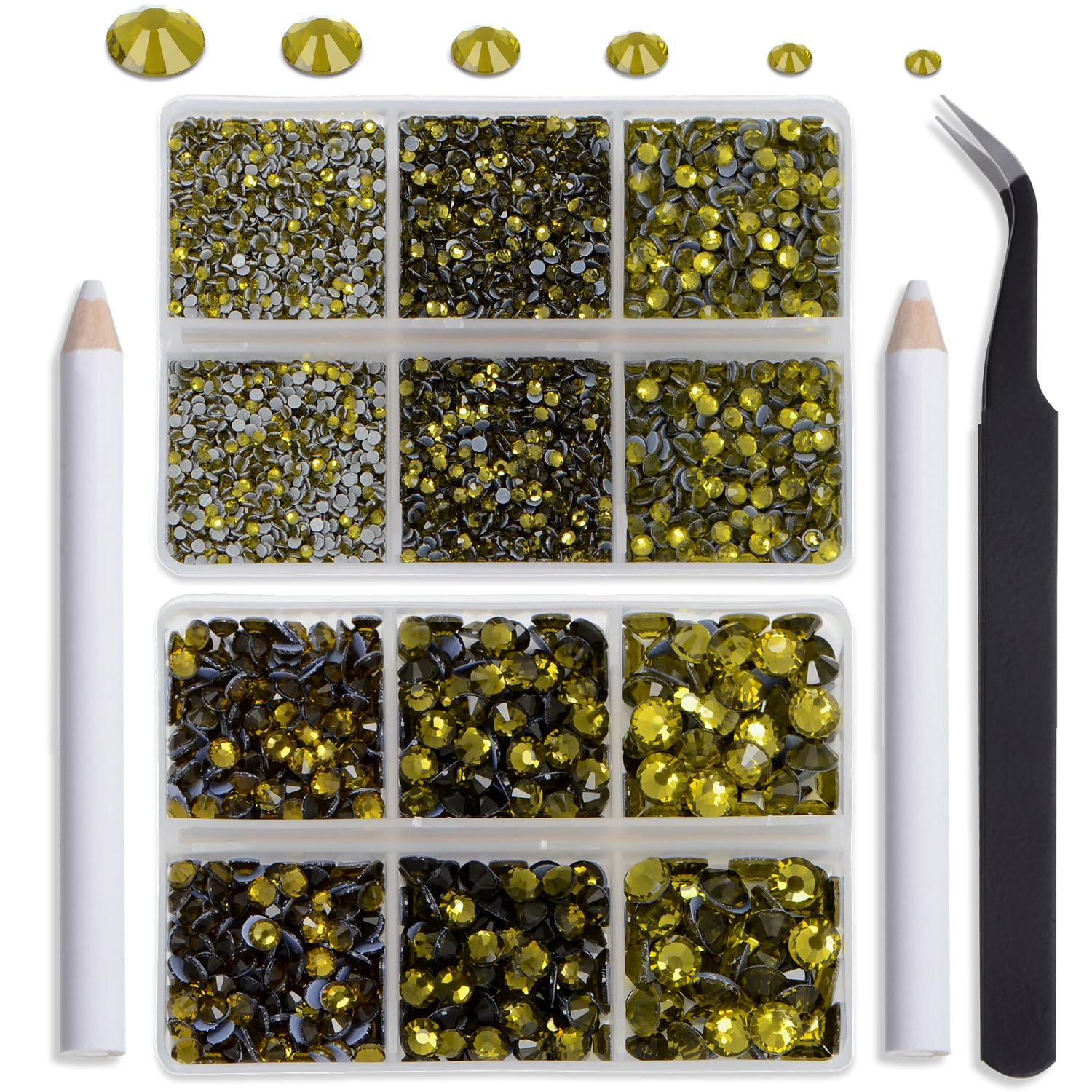 NCB Hotfix Iron on 8000pcs Crystal Rhinestones Round Gem for Crafts Decoration DIY Jewelry Making with a Tweezers and 2 Picking pens (Olivine, 6Sizes