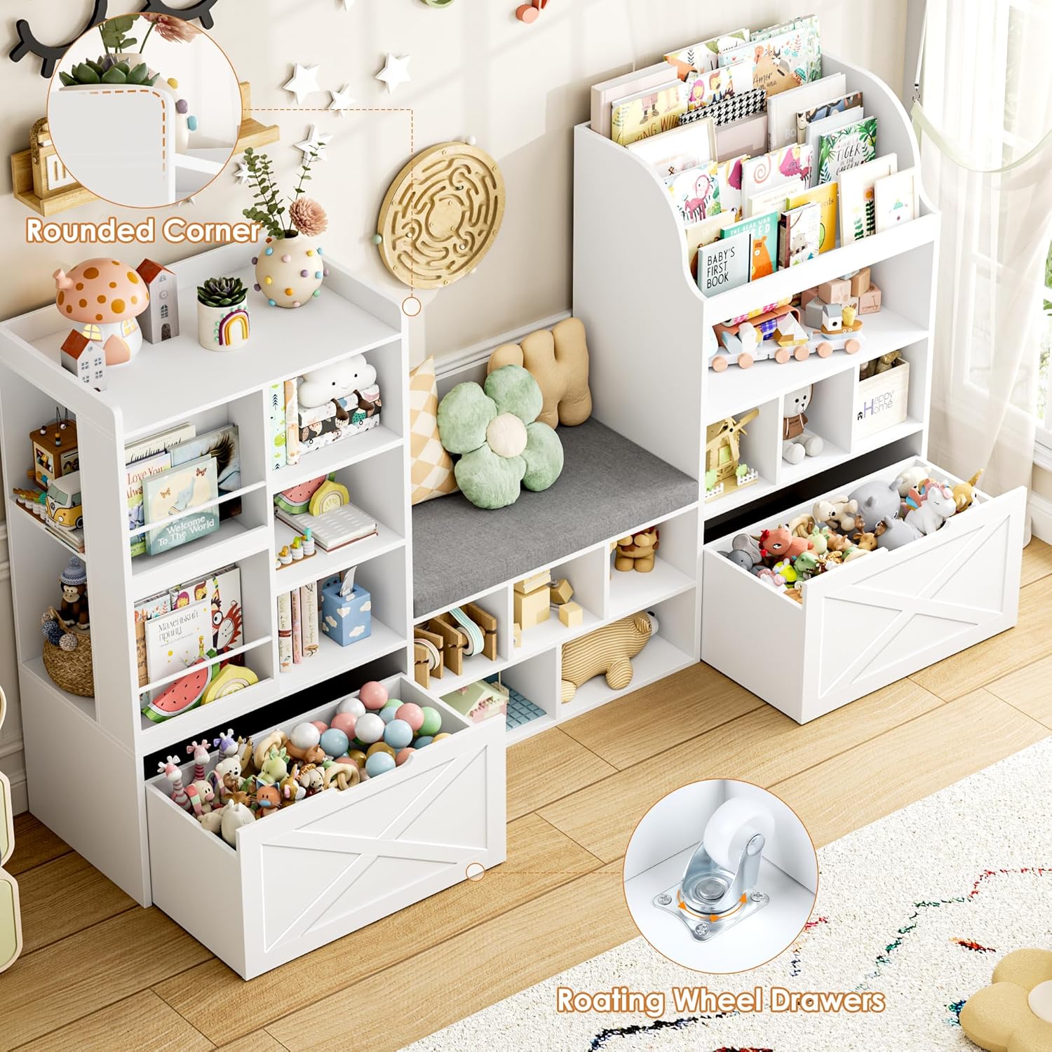 FINETONES 75” W Kids Bookshelf with Reading Nook, Large Toy Storage Toy Organizer with Seat Cushion and 2 Movable Drawers, Kids Reading Nook Kid Bench for Playroom Living Room, White