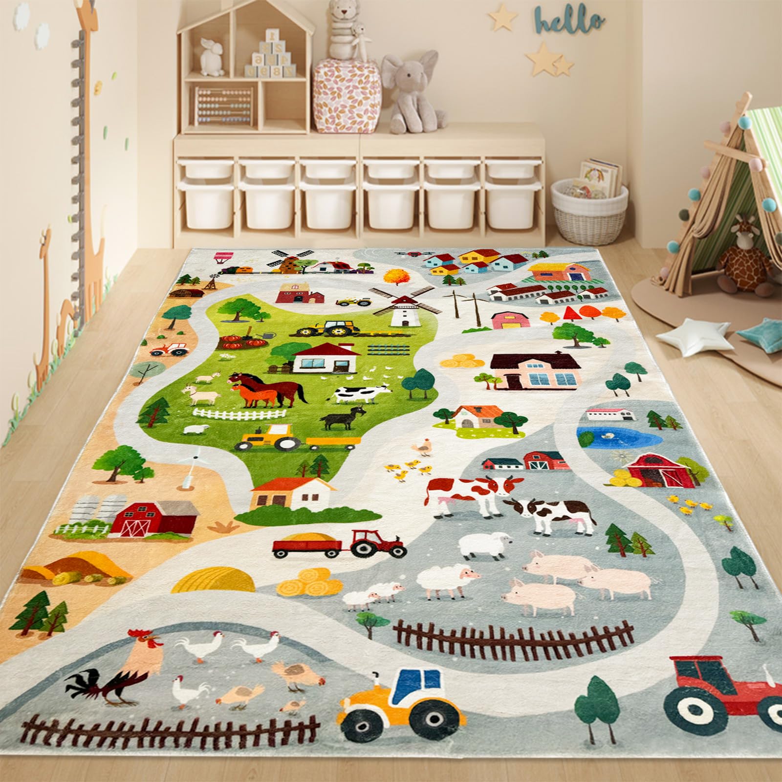 Lacomfy Kids Rug Farm Carpet 4x6Ft Farmhouse Animal Mat for Boys Girls Nursery Room Bedroom Living Room, Soft Car Road, Track Playmat for Playroom