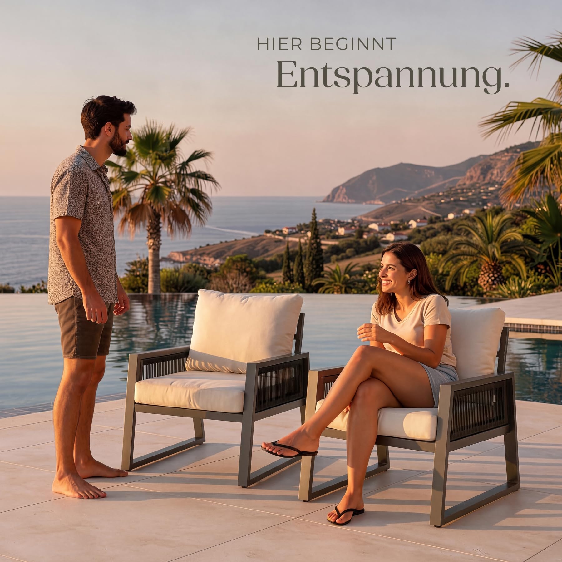 tectake® Rope Design Lounge Möbel Set für Garten oder Balkon, Aluminium Outdoor Sitzgruppe Terrassenmöbel mit 2 Lounge Sessel, inkl. Gartenmöbel-Kissen, wetterfest