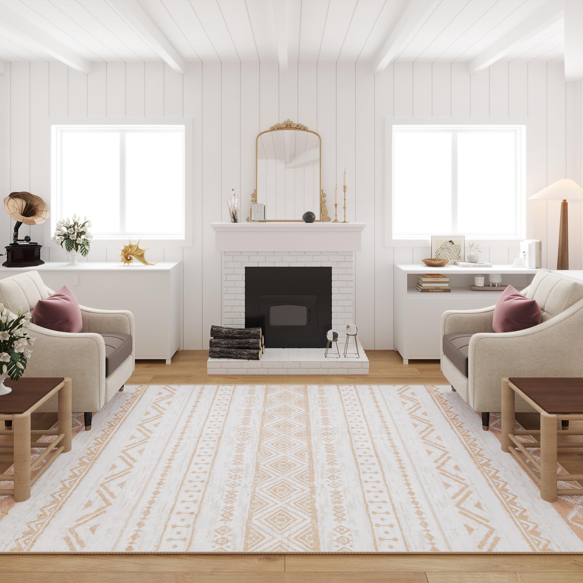 WondRg Boho Area Rug 6x9 Beige Moroccan Bedroom Living Room Large Rug Soft Non Slip Washable Indoor Mat Distressed Design Laundry Dining Room Floor Carpet