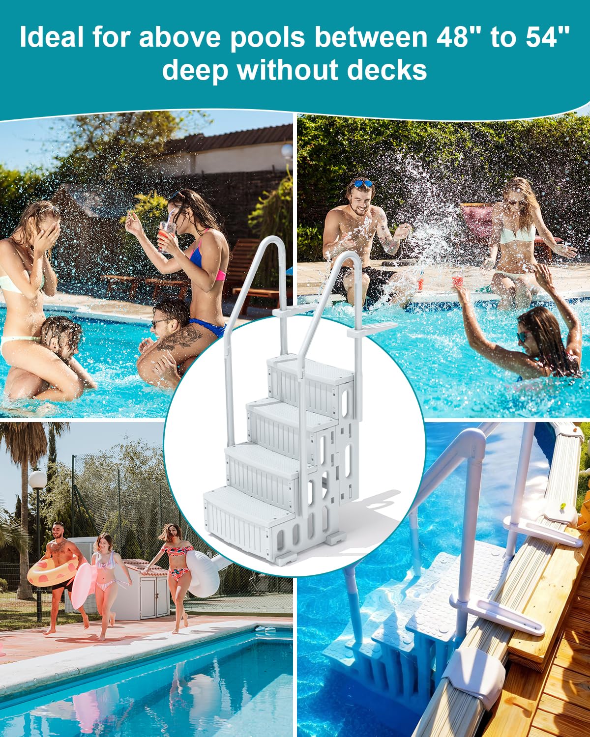 4-stufige Poolleiter mit Handläufen, Pooltreppe 122-142cm für Aufstell und Einbaupools mit utschfesten und robusten Stufen, 180 kg Tragkraft Höhenverstellbar für Schwimmbad, Freibad, Wasserpark