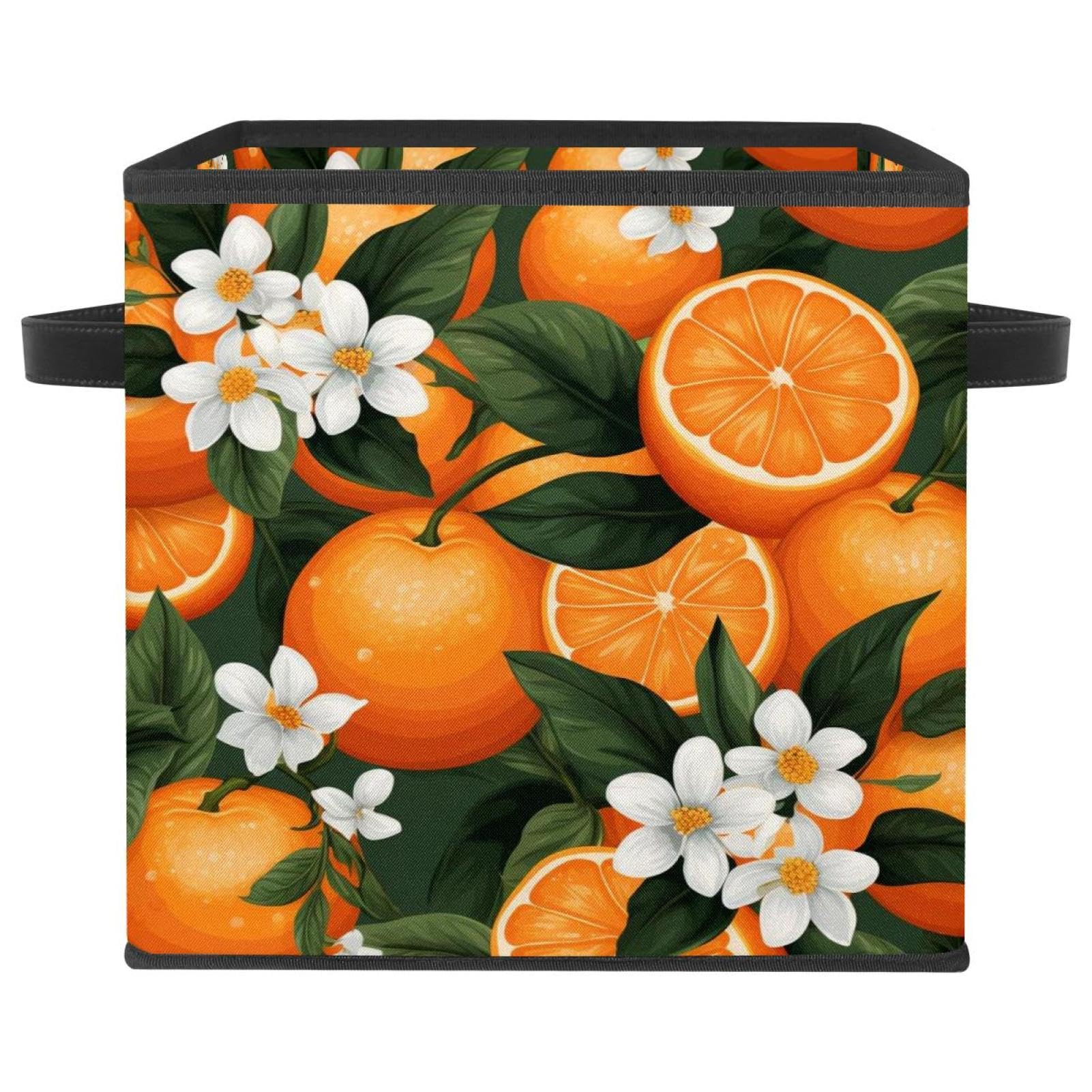 Panier de rangement pliable à double poignées grand cube Oxford orange motif fleur