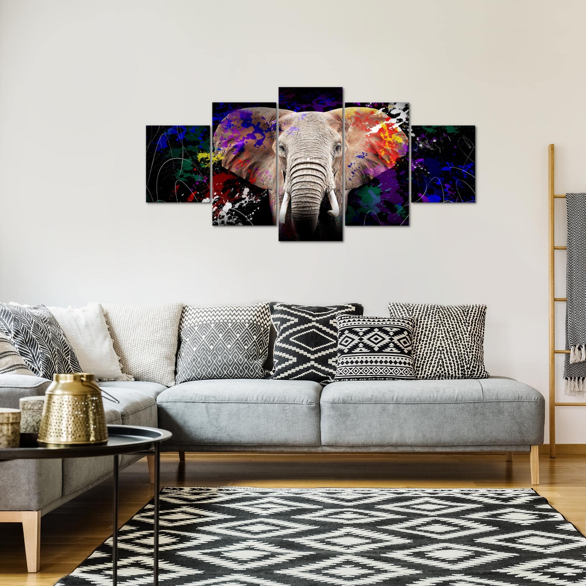 Runa Art Quadro Murale Elefante Colorato - 5 Pannelli Tela Non Tessuta 110g/m² - Poster Astratto Per Camera Da Letto - 2