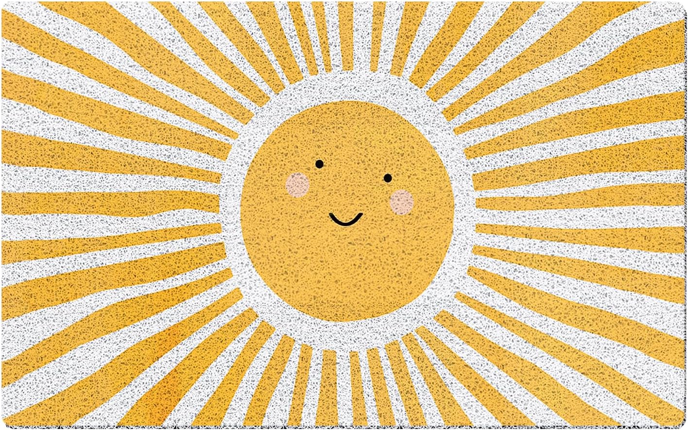 Smiling Sun Boho Door Mat, Retro Yellow Sunshine Doormat Non-Slip for Porch Indoor Outside Entrance Entryway, Boho Welcome Mat Front Door, 17x30 Inch