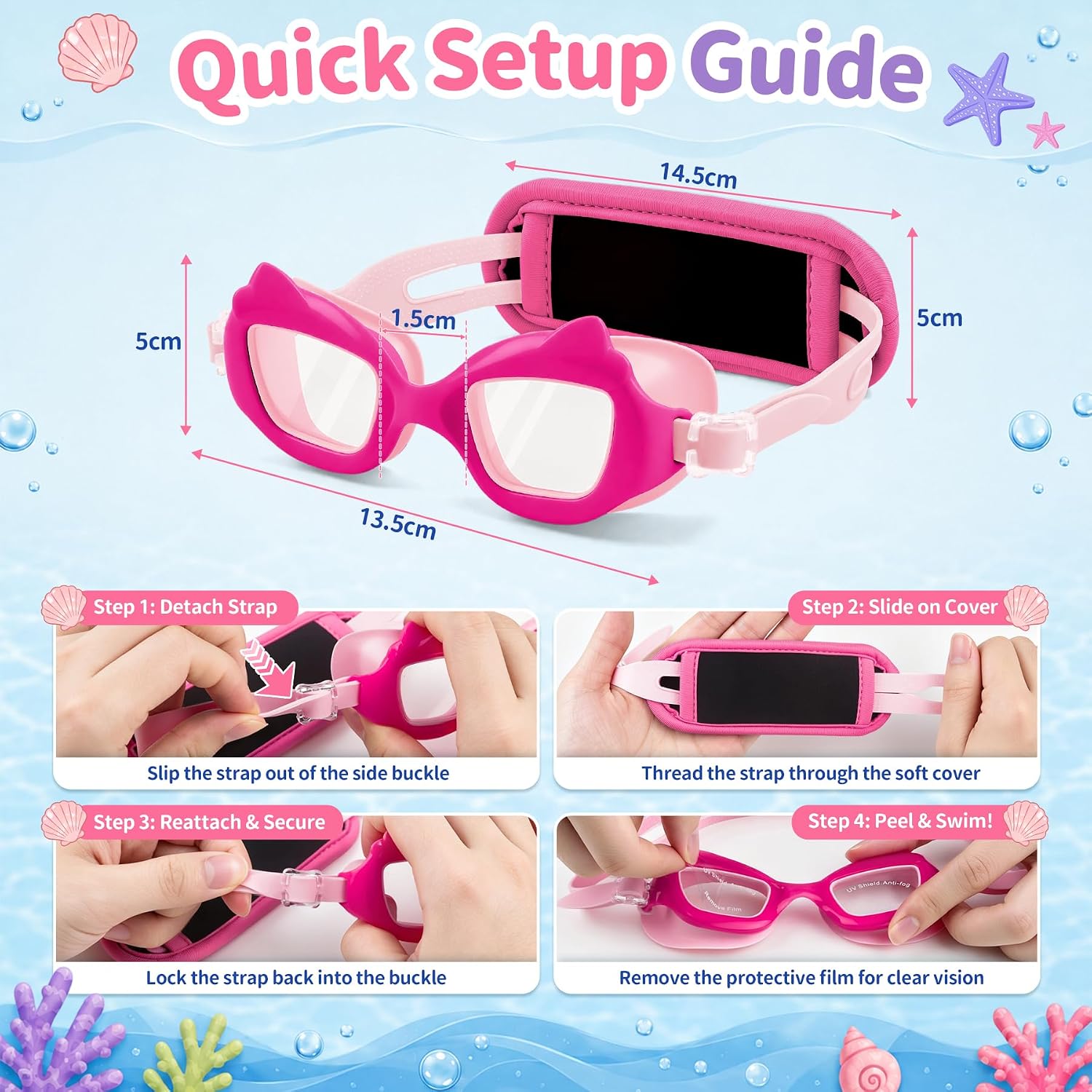 Vvinca Toddler Goggles Age 2-8, Cat Kids Goggles with Fabric Strap Anti Fog | 2 Pack Cute Cat Design Toddler Boys Girls Goggles UV Protection No Leak No Hair Pull for Pool Swim Lessons Kids Swim Goggles