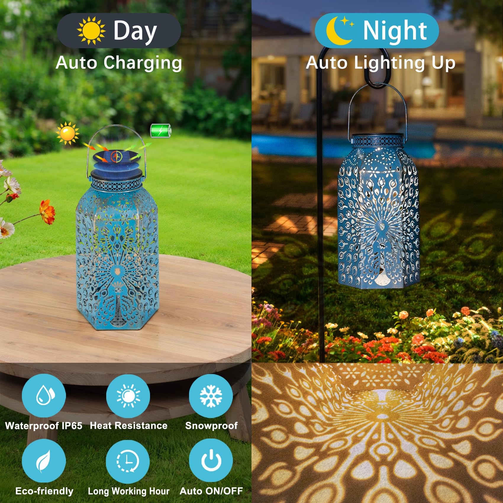 Lanterne solari per esterni, impermeabili, a forma di pavone, grandi luci da tavolo a energia solare, ideali come regalo per giardinaggio, arte del cortile, esterni, patio, compleanno, festa della