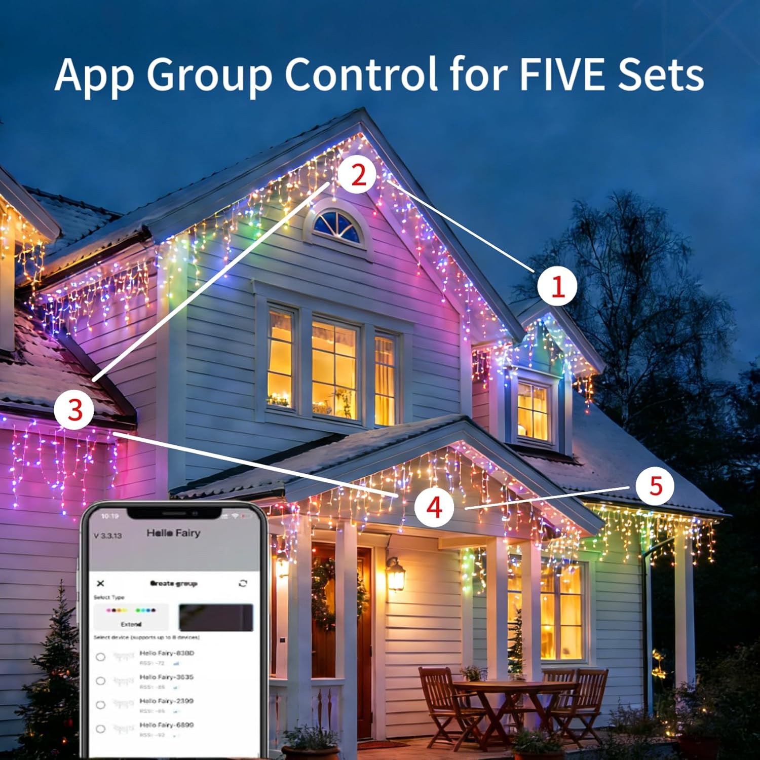 Led Icicle Lights Outdoor,43FT 400 LED RGB Smart Programmable Icicle Christmas Light for Outside,Color Changing LED Connectable Music Sync for House Decorations,Holiday,Red White Blue Independence Day