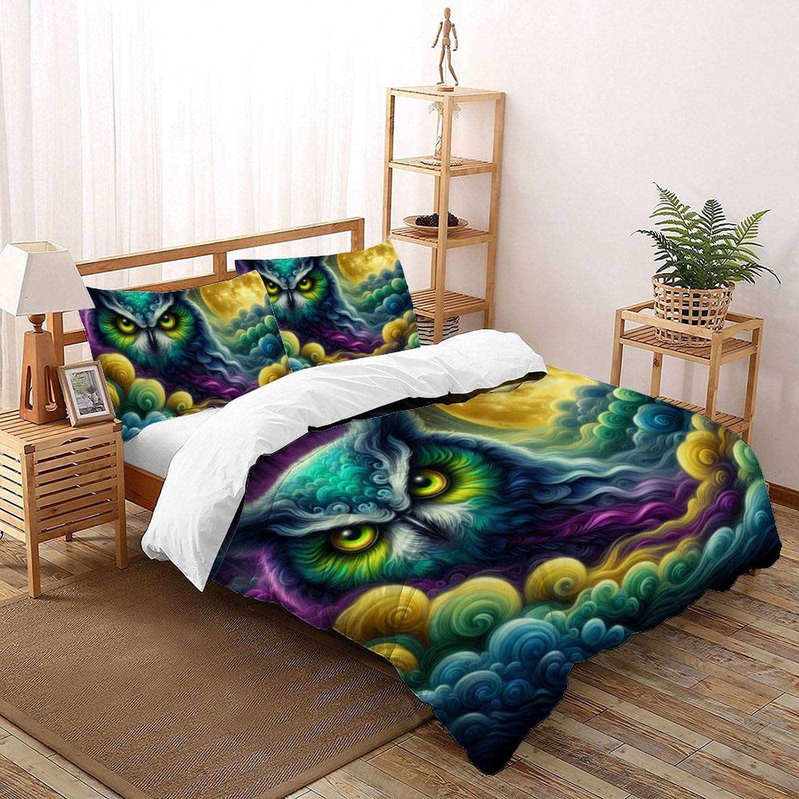 Housse de couette hibou imprimé 3D en microfibre respirante avec zip invisible