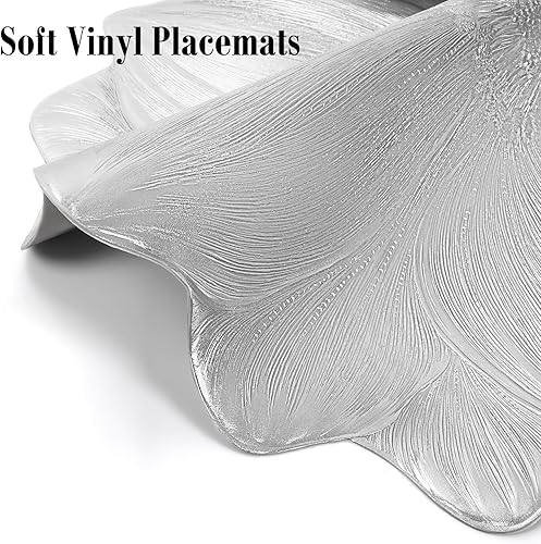 Miniatura 3 de fanquare Juego de 6 manteles individuales redondos metálicos plateados de 15 pulgadas, diseño de flor de loto prensada, vinilo lavable y