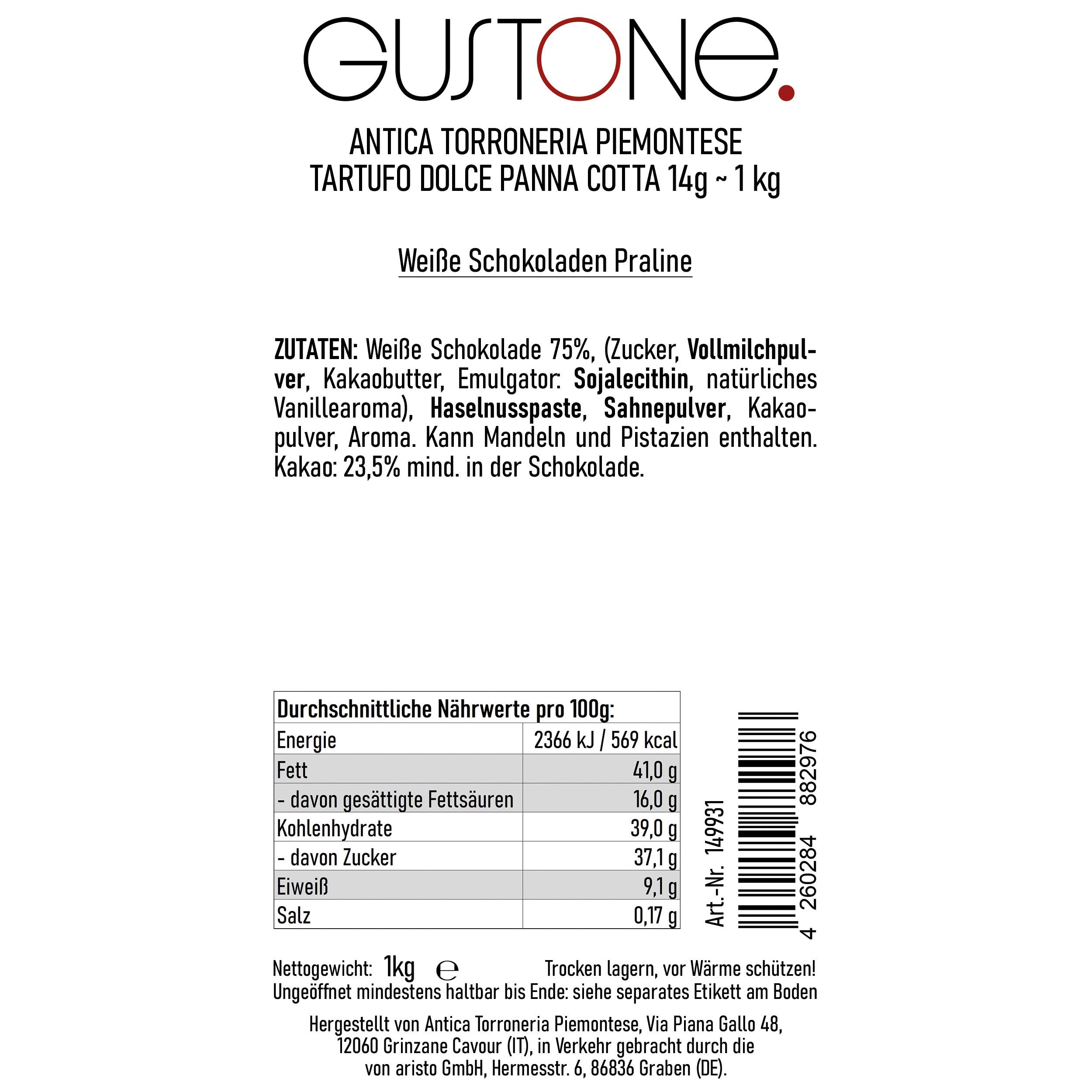GUSTONE. Tartufi Dolci Panna Cotta Antica Torroneria Piemontese 1kg | Piemont-Haselnüsse IGP, glutenfrei, IGP-geschützte Herkunft, Trüffel-Praline weiße, Schokoladentrüffel