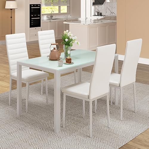 Miniatura 1 de Bealife Juego de mesa de comedor de cocina para 4, juego de mesa y sillas de vidrio templado de 5 piezas moderno para el hogar, cocina, sala de