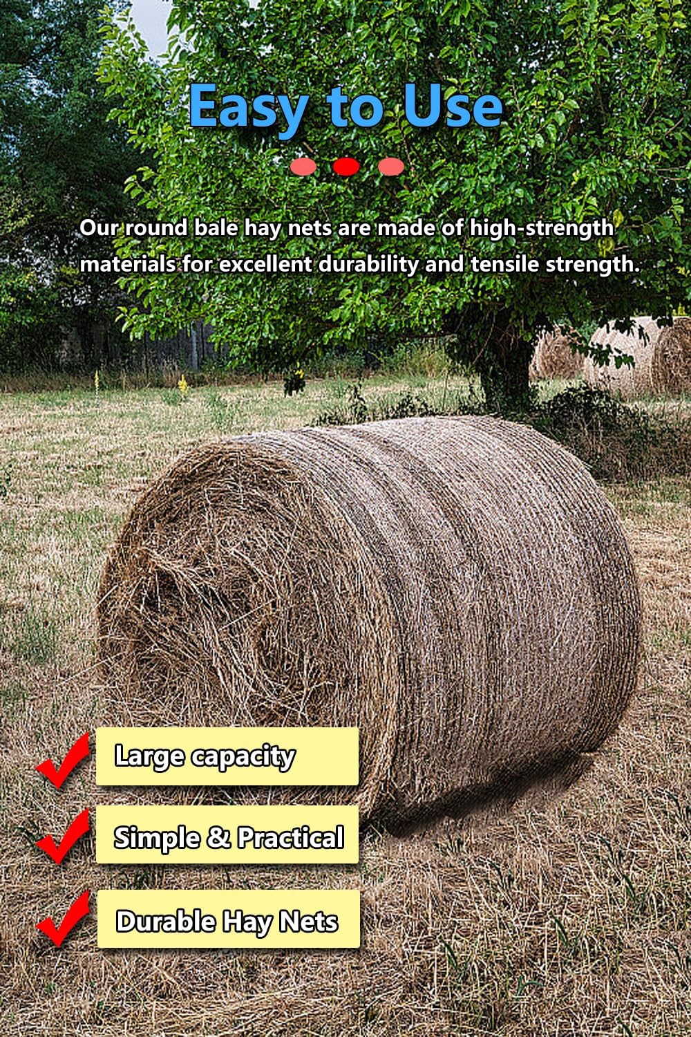 Round Bale Hay Net for Horses, 5x5 FT Heavy Duty Slow Feed Net with 1.5" Knotless Design & 1600 lbs Capacity, Weatherproof Hay Saver for Cattle Goats Sheep, Saves 60% Hay Waste (Black)​