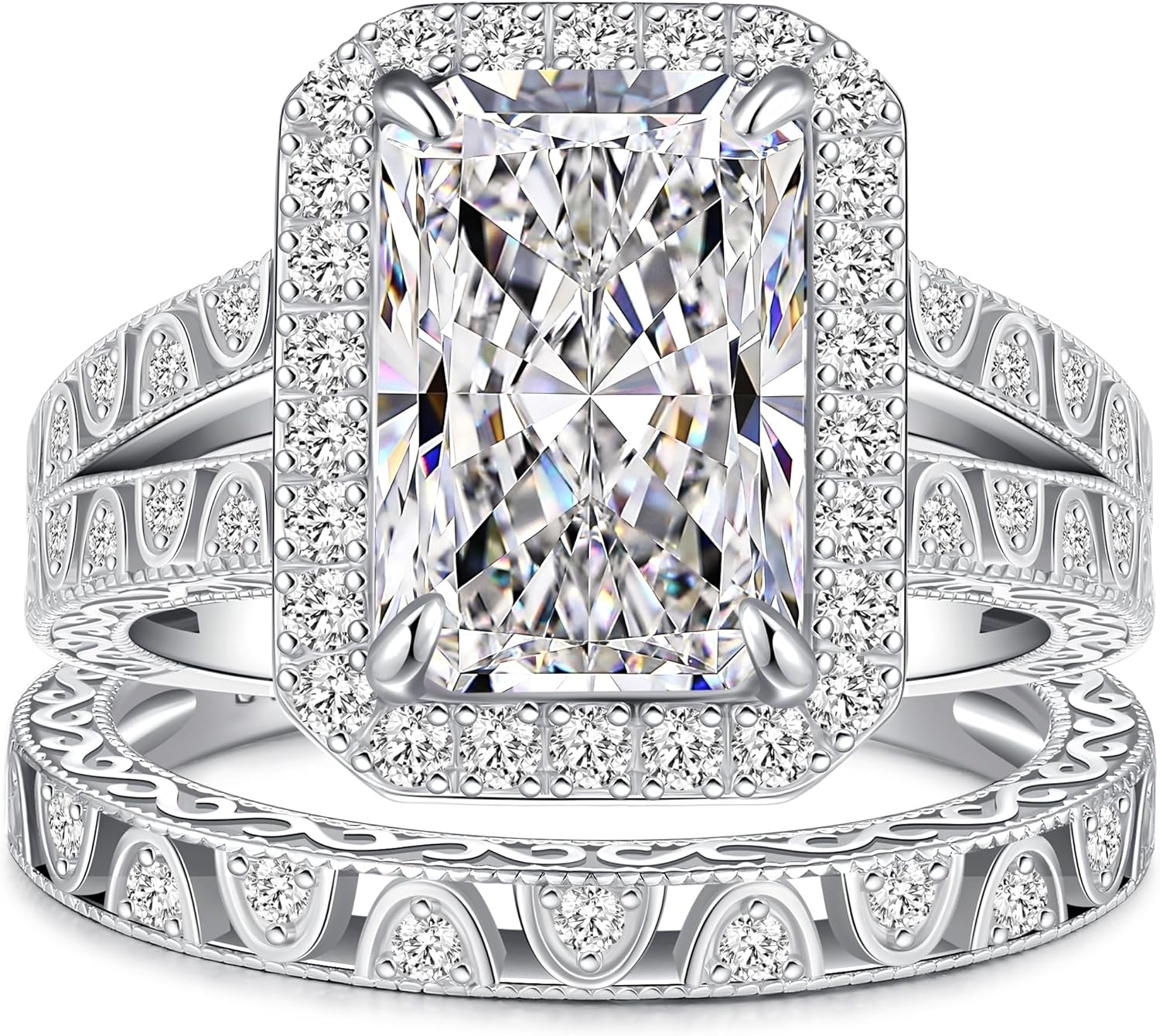 5CT Elongated Radiant Cut Wedding Ring Set for Women - White Gold Filled 925 Sterling Silver Vintage Filigree Bridal Rings Sets Halo Design Cubic Zirconia Engagement Ring Wedding Band, Size 8