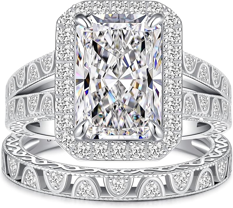 AVECON 5CT 925 Sterling Silver Radiant Cut Engagement Ring Set | Halo Cubic Zirconia Bridal Bands for Women, Hypoallergenic Travel Wedding Anniversary Promise Rings for Her