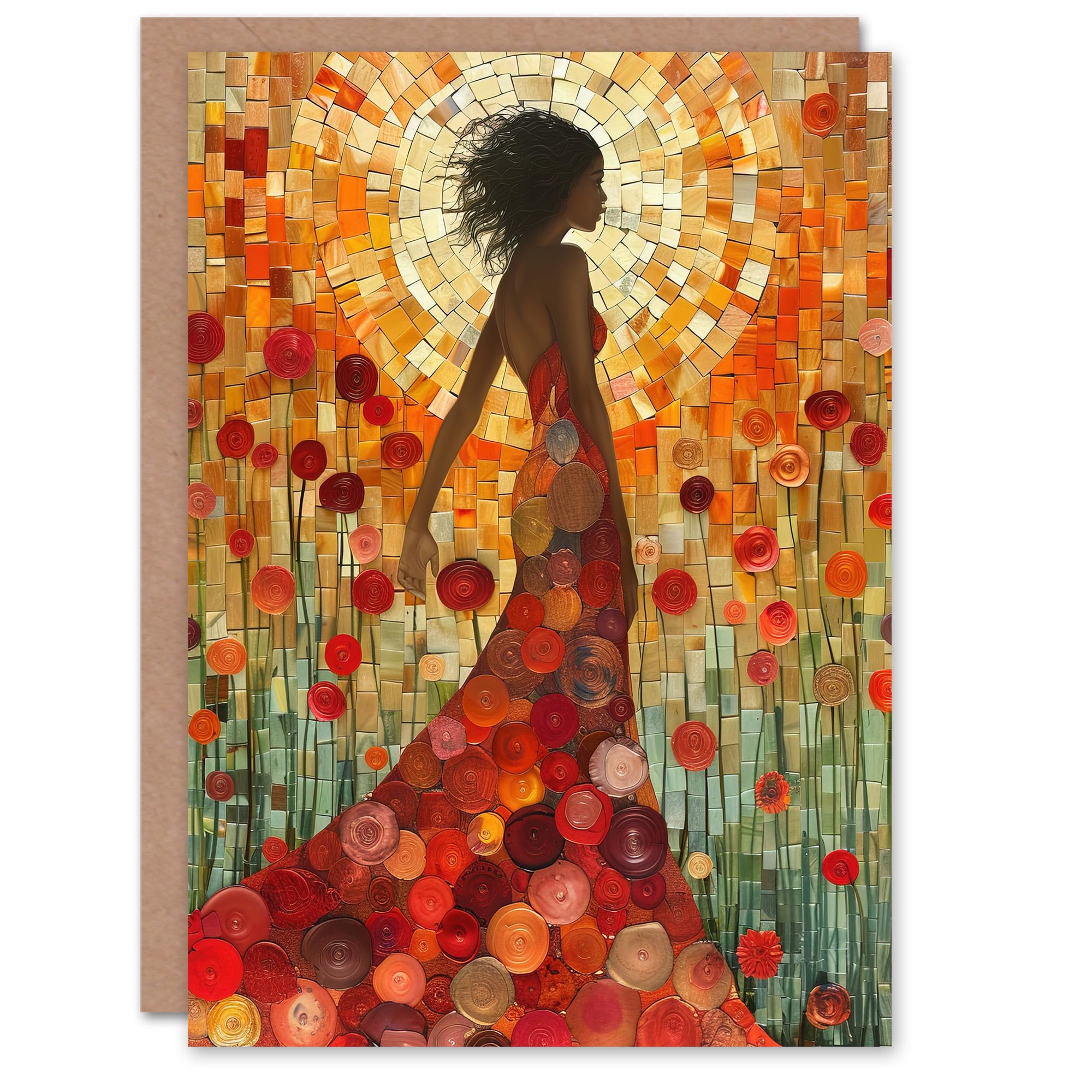 Artery8 Greeting Card Woman With Dress Of Roses Sunset Mosaic Collage Blank For All Him Or Her Art Birthday Card