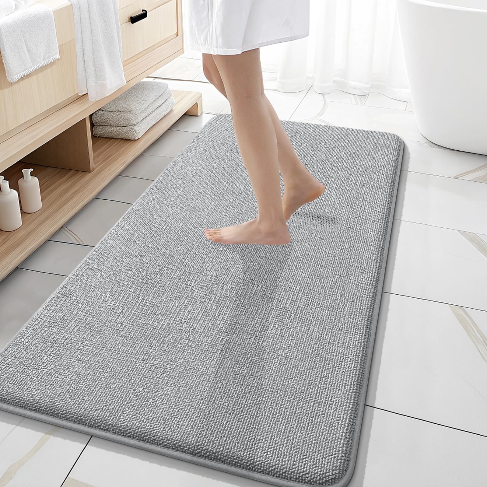OLANLY Memory Foam Bathroom Runner Rugs 47x20, Long Bath Mats, Light Grey