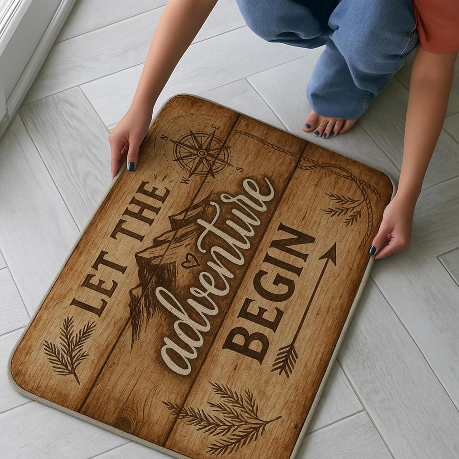 Let The Adventure Begin Door Mat, Camping Lovers Gifts Doormat Indoor Outdoor Entrance Porch, Vintage Mountain Camping Welcome Mats for Camper Front Door Entryway, 17x30 Inches