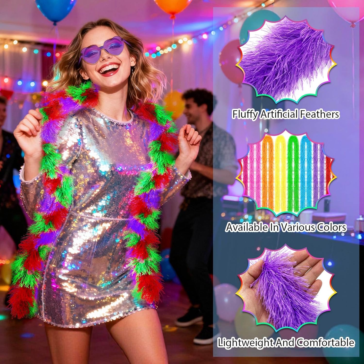 16Pcs Feather Boas Party Pack with 8Pcs Artificial Feather Boas 6.6ft and 8Pcs Heart Sunglasses for Wedding Birthday Party Favors