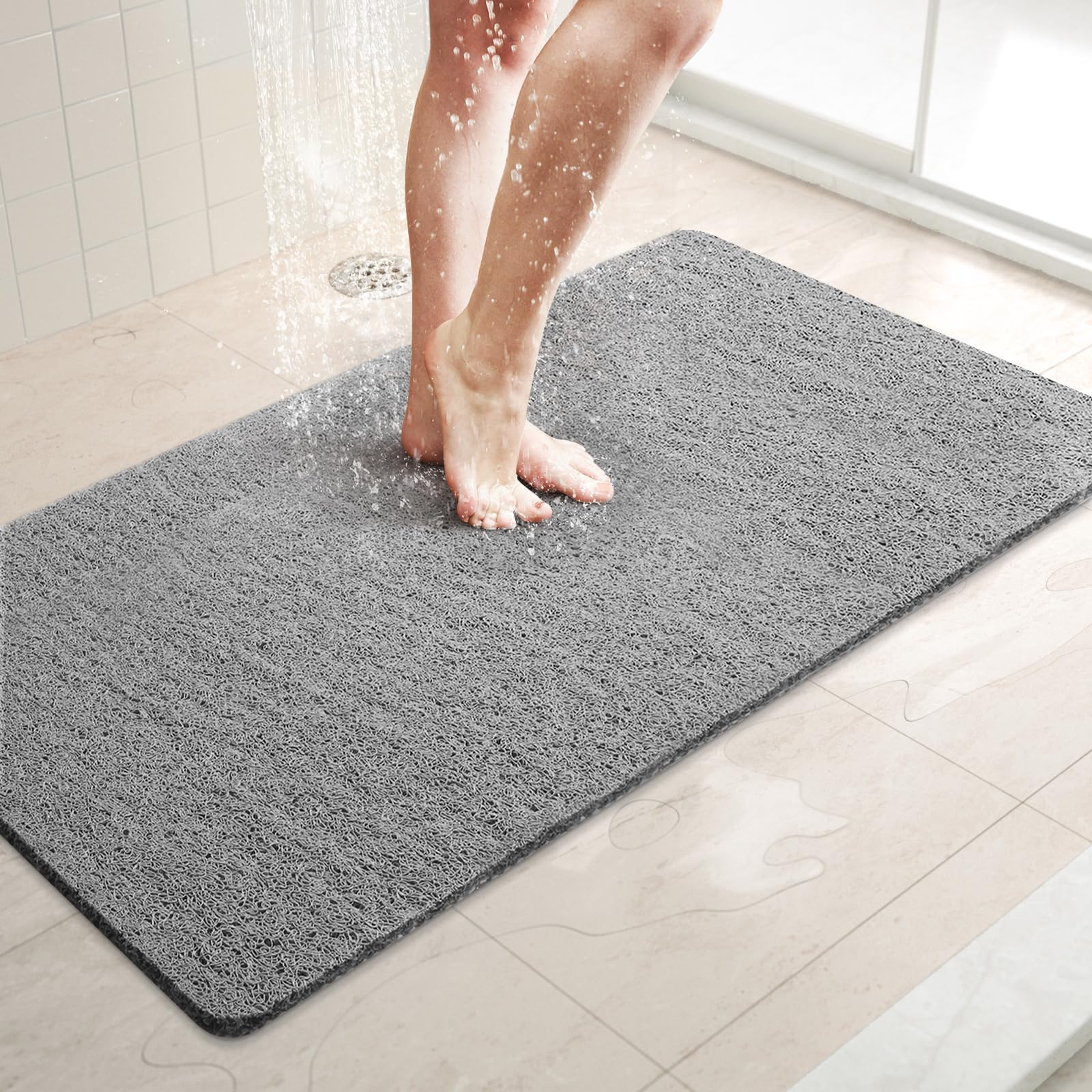 LuxStep Shower Mat Bathtub Mat,32x16 inch, Non-Slip Bath Mat with Drain, Quick Drying PVC Loofah Bathmat for Tub,Shower,Bathroom,Grey