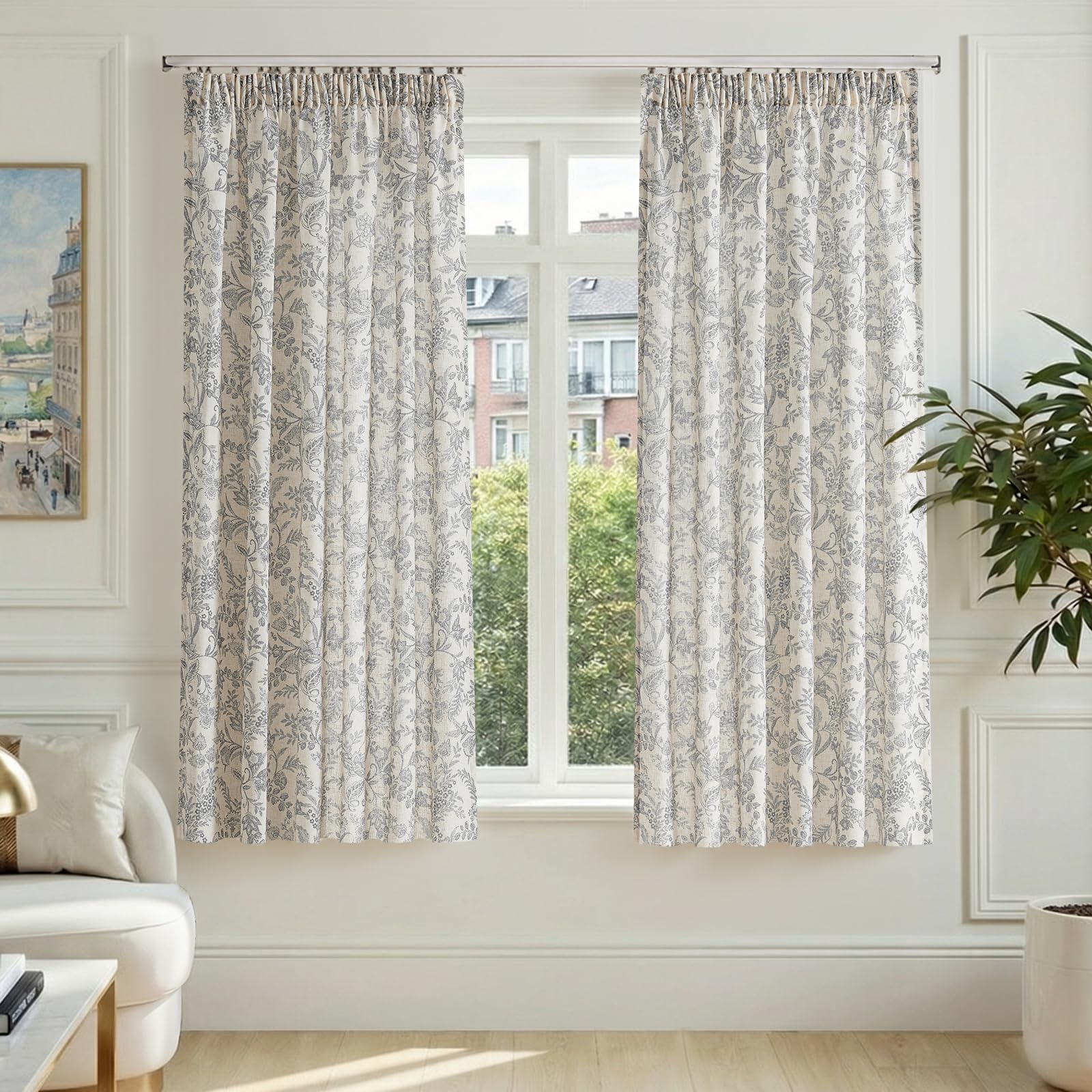 TOPICK Grey Botanic Floral Linen Look Sheer Curtains, W55xL72 Inch, 2 PCS