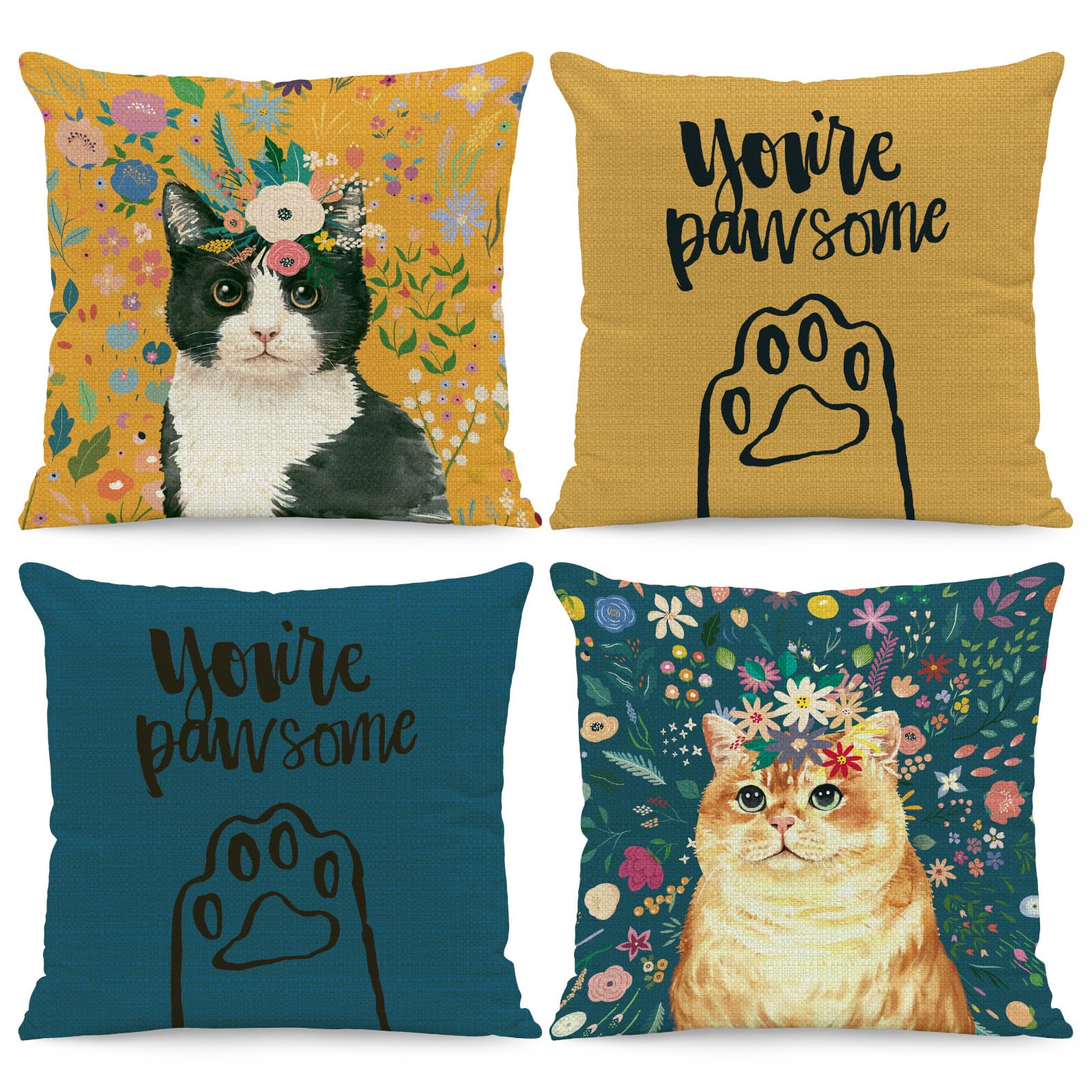 BREASOME Cushion Covers 45 x 45 cm Set of 4 Floral and Cat Paw Cushion Covers Linen Decorative Square Throw Pillow Cases for Sofa Couch Bedroom Living Room