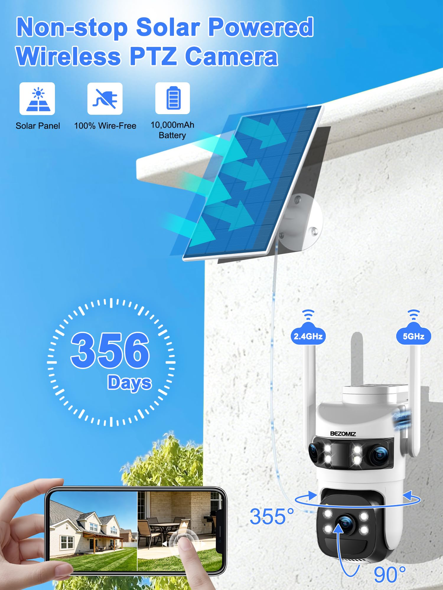 4K Caméra Surveillance WiFi Extérieure à triple objectif,360° PTZ Camera Solaire,12MP Détection Humaine,avec Batterie,Suivi Automatique,Vision Nocturne Couleur,Étanche,Audio Bidirectionnel,2.4/5G WIFI