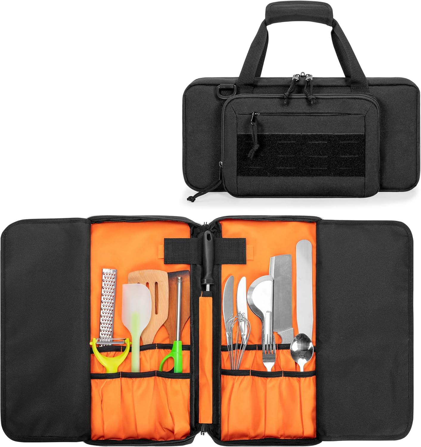 samdew Chef Knife Storage Bag, Kitchen Tool Organizer with 18 Utensil Slots, Knife Set Carrying Case for Culinary Chef, with Detachable Shoulder Strap for Kitchen, Camping & Travel, Bag Only