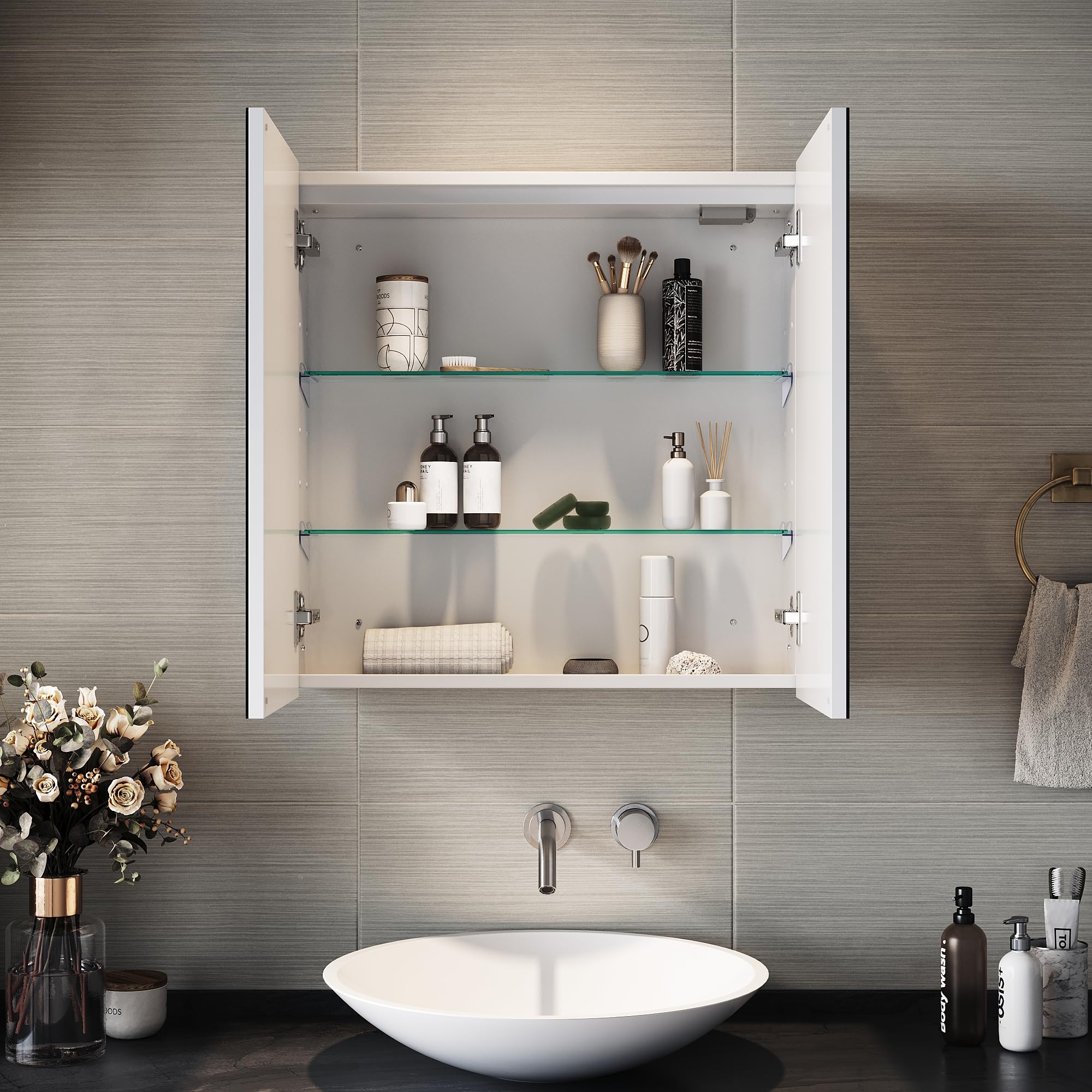 SIRHONA Armoire Miroir Salle de Bain avec Miroir, Armoire Pharmacie avec 3 Couleurs de Lumière Réglables et Anti-Buée, Armoire de Toilette avec Charnière Aans Fil, 59 x 60 x 14cm