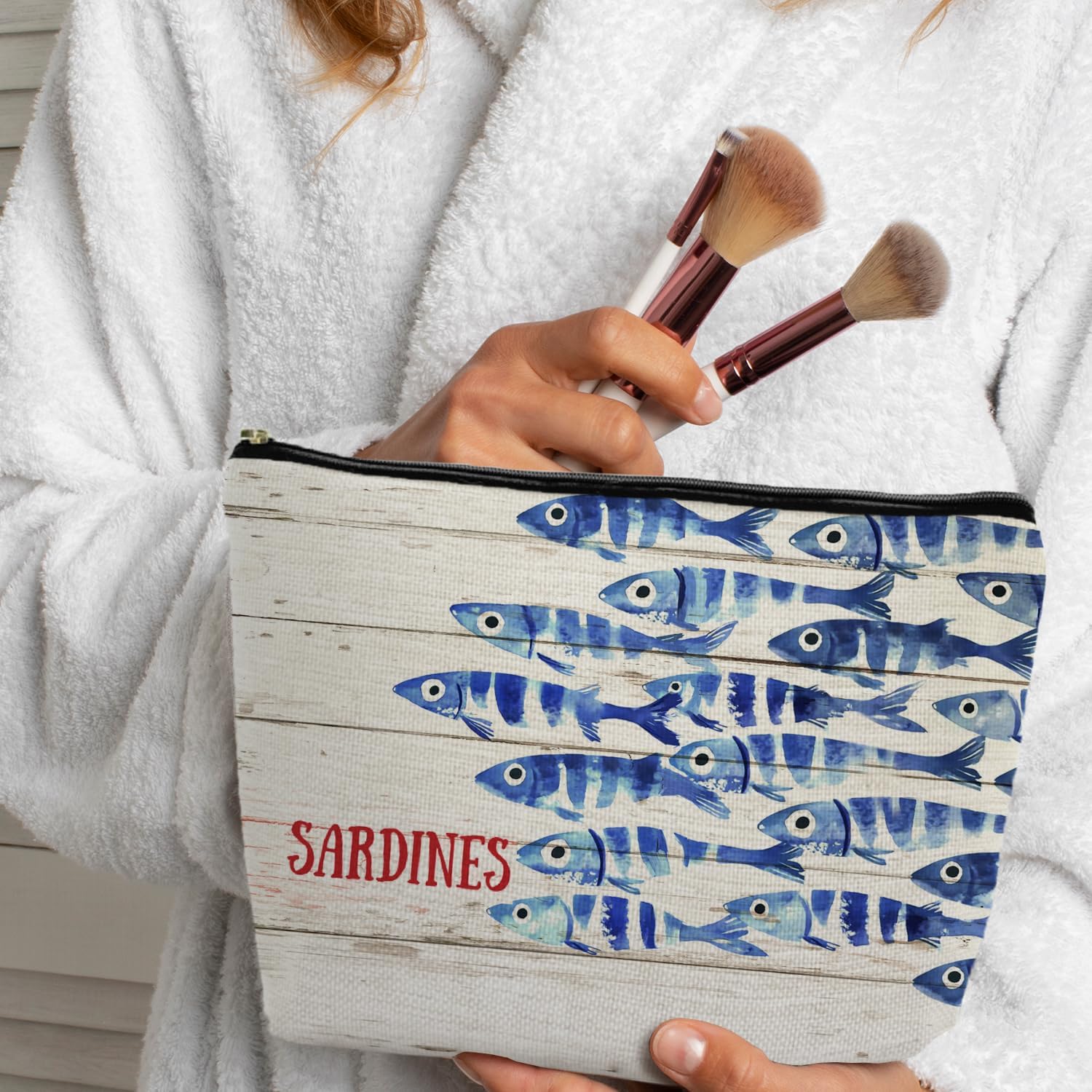 Retro Vintage Sardine Fish Makeup Bag, Ocean Beach Lovers Gifts Supplies Cosmetic Bags for Women,Gifts for Fishing Lovers Vintage Nautical Beach Zipper Makeup Pounch Pouches for Purse thumbnail