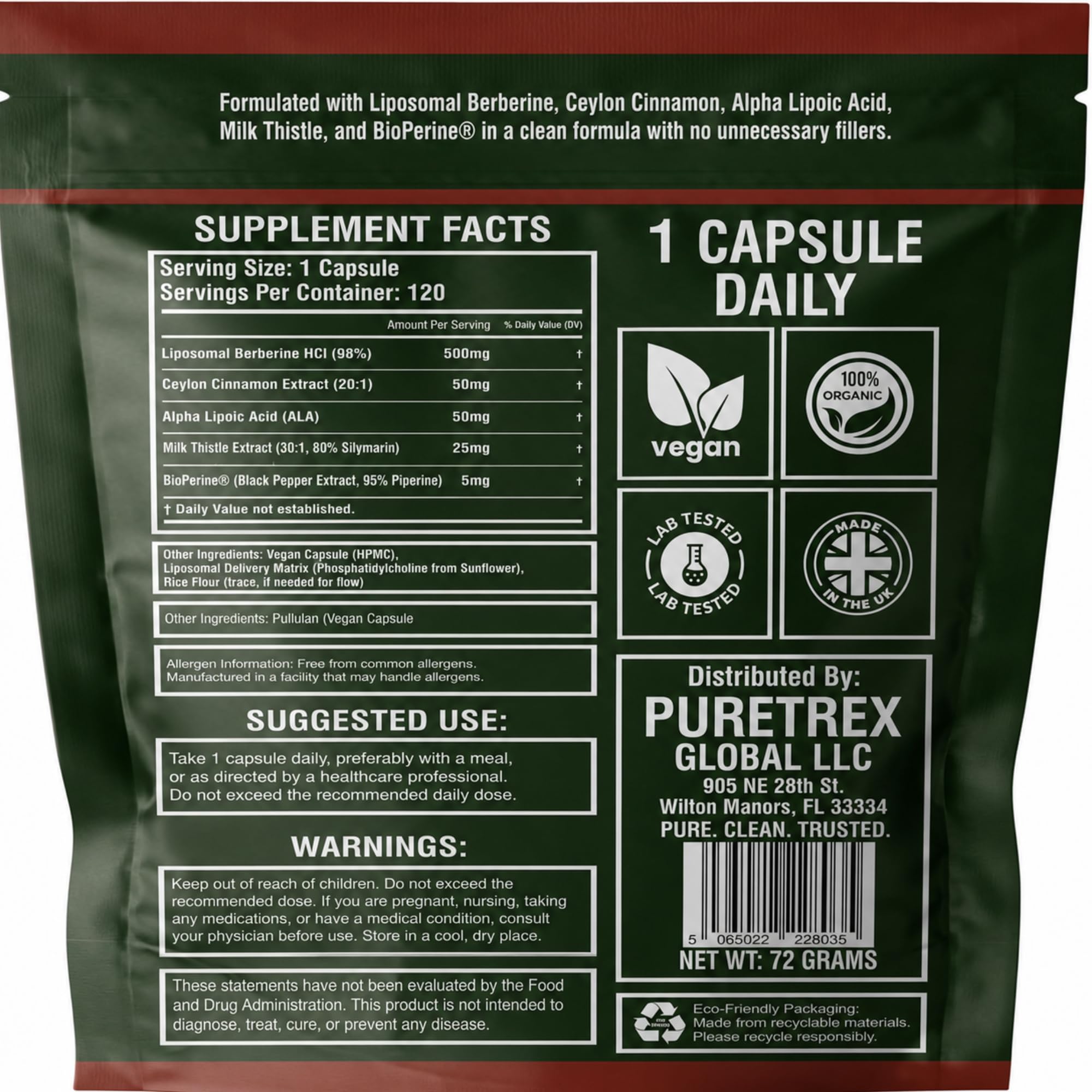 Berberine HCl 500mg, Cinnamon, ALA & Milk Thistle, 120 Caps — Amazon image 9