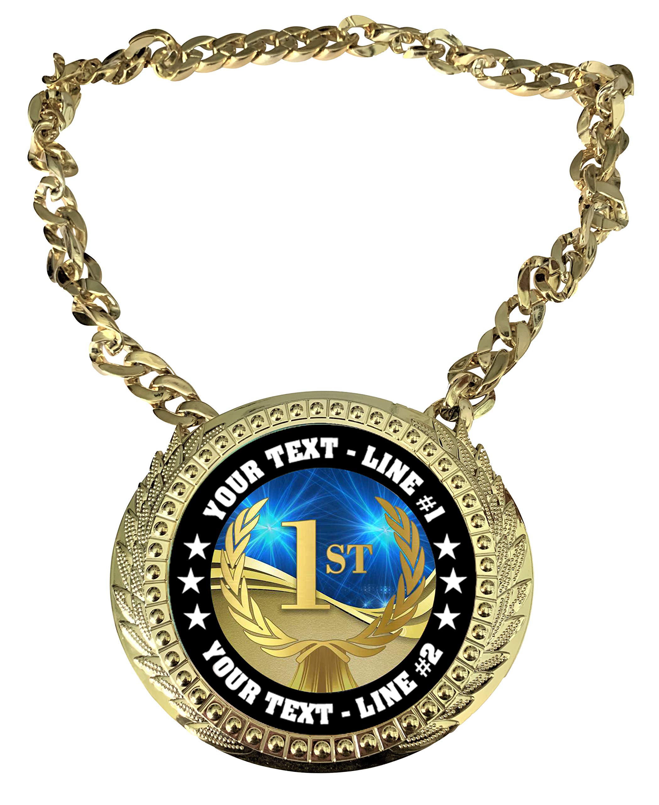 Express Medals Custom First Place Champ Chain Trophy with 2 Lines of Personalized Text on a Large Rigid Plastic Award Medal and 34 Inch Long Gold Color Neck Chain. D01